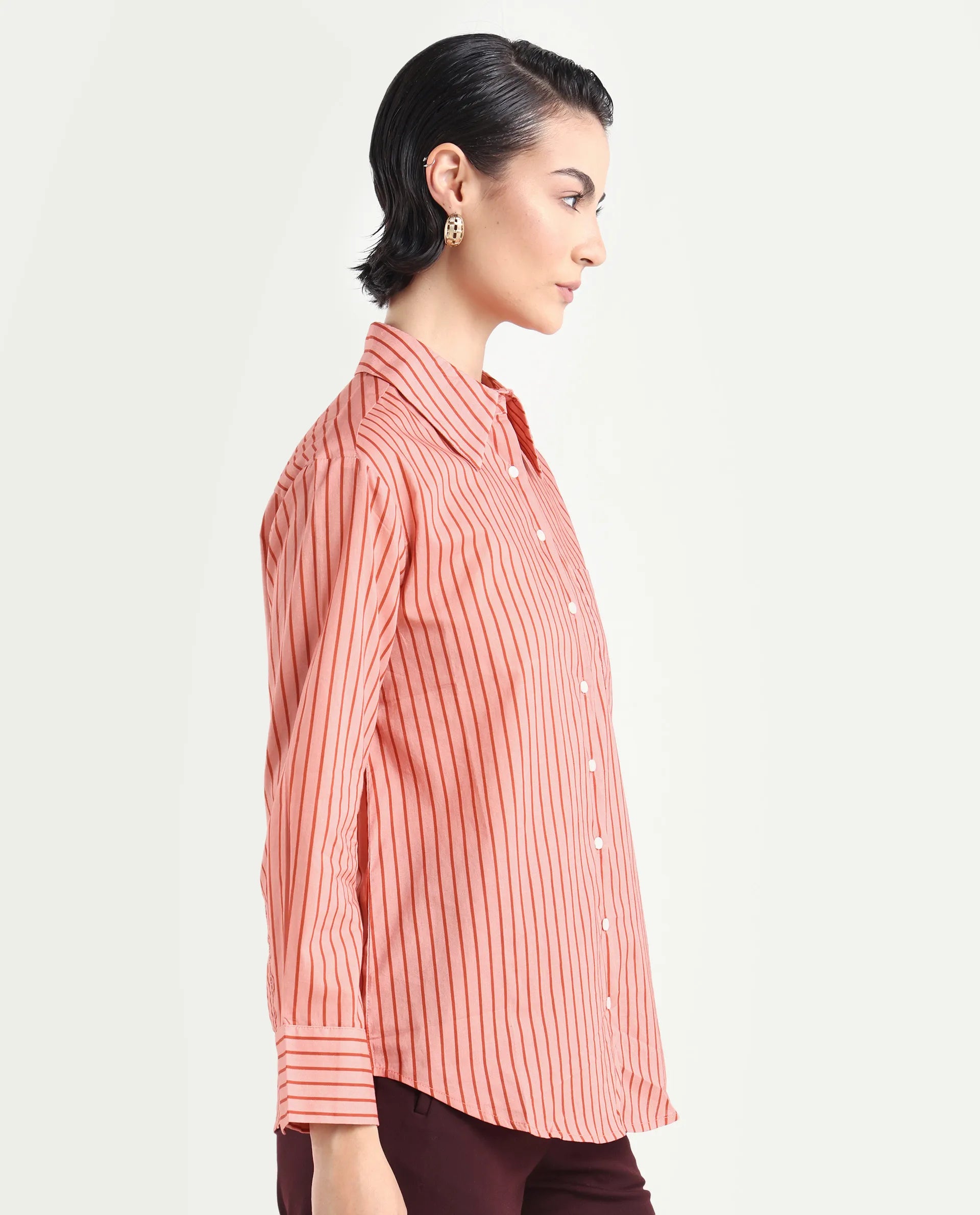 Rareism Women's Barletta Pastel Pink Cotton Drop Collar Striped Cuffed Sleeve Regular Fit Shirt