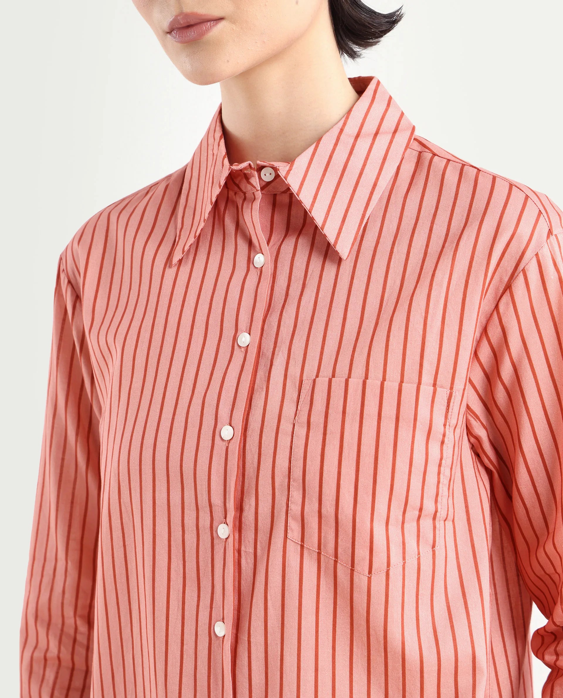 Rareism Women's Barletta Pastel Pink Cotton Drop Collar Striped Cuffed Sleeve Regular Fit Shirt