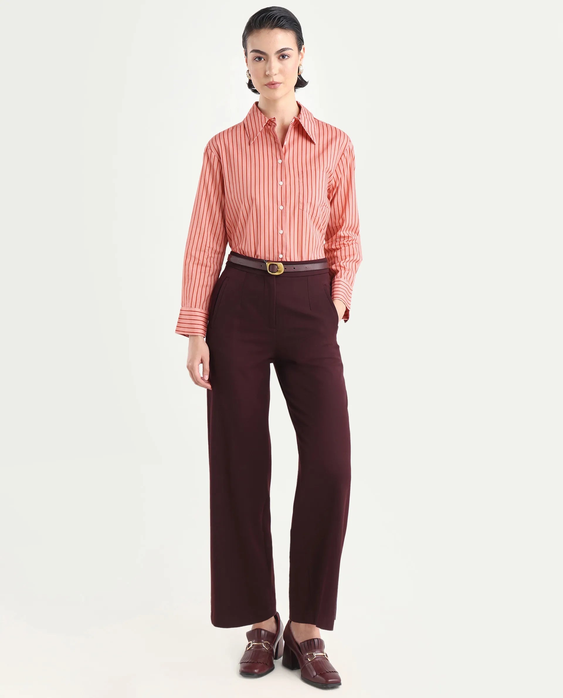 Rareism Women's Barletta Pastel Pink Cotton Drop Collar Striped Cuffed Sleeve Regular Fit Shirt