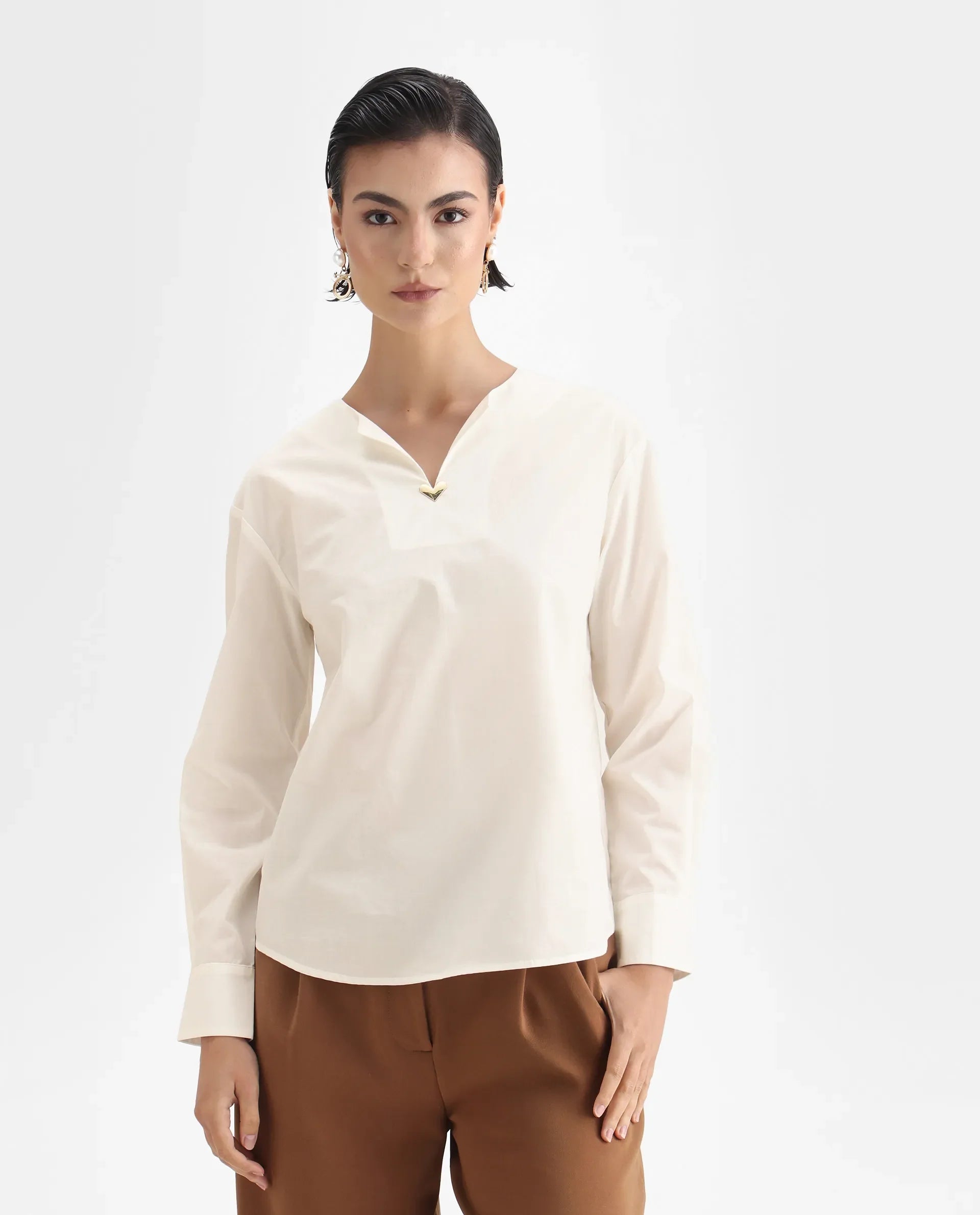 Rareism Women Nura White Collared Neck Button Closure Plain Top