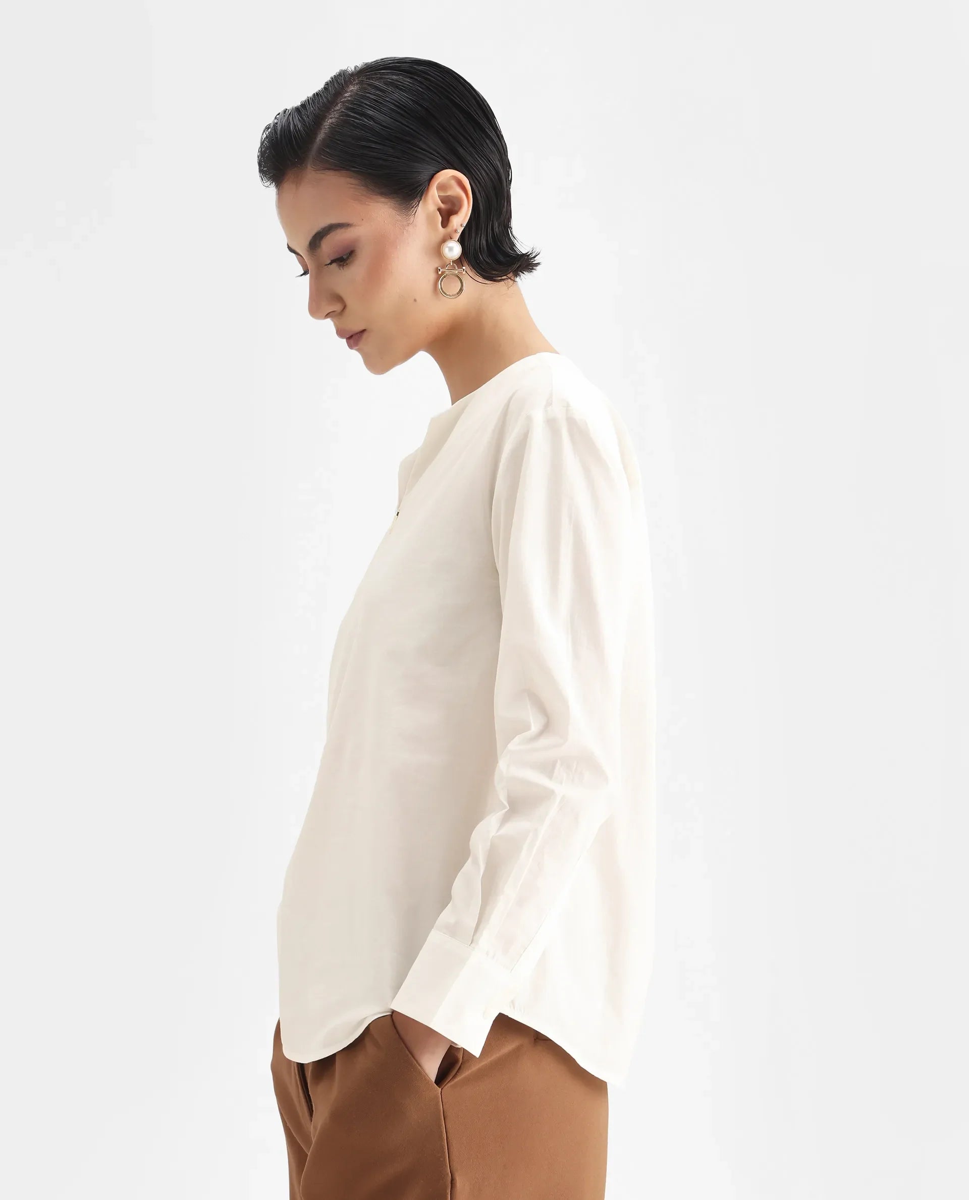 Rareism Women Nura White Collared Neck Button Closure Plain Top