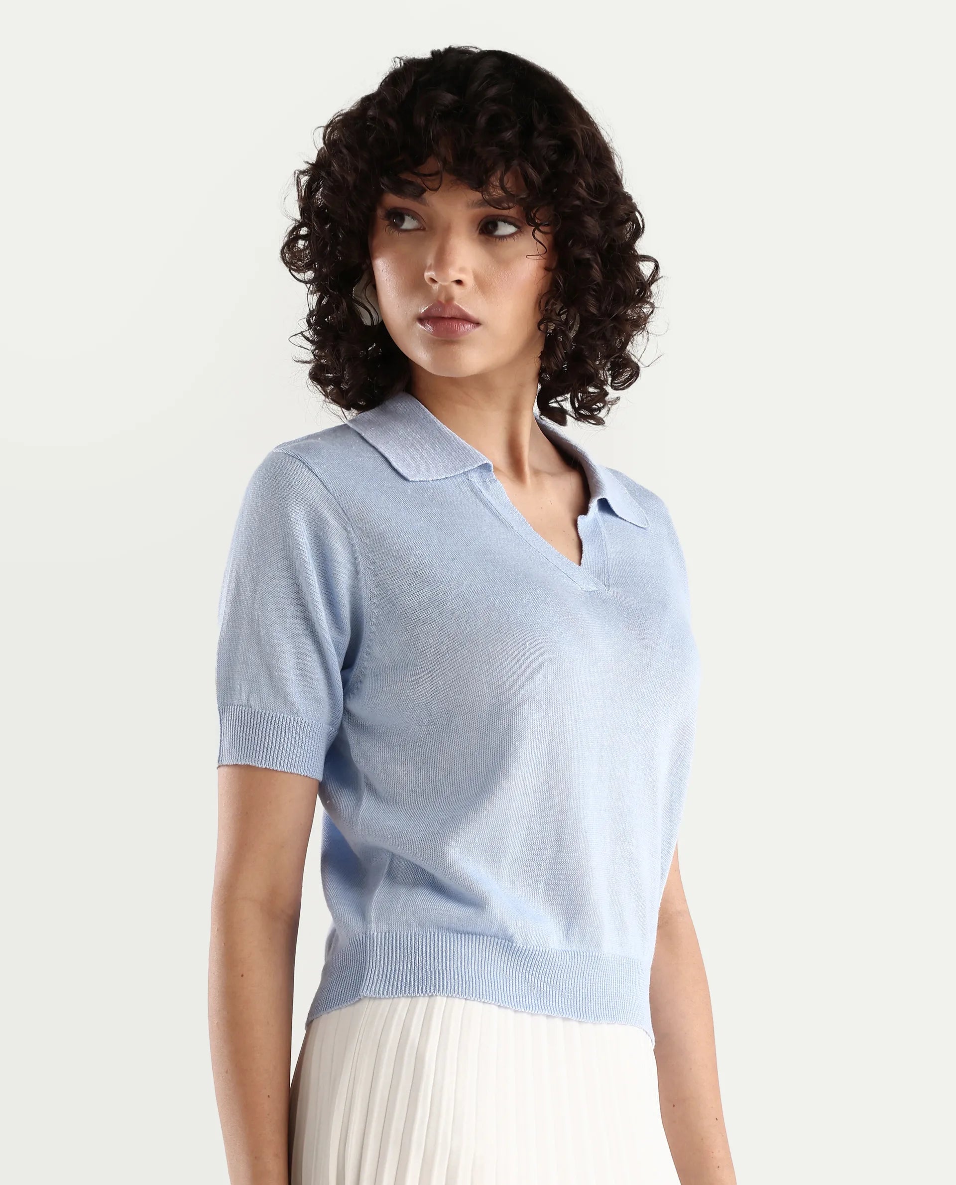 Rareism Women's Basel Light Blue Linen Blend Polo Neck Plain Regular Fit Polo
