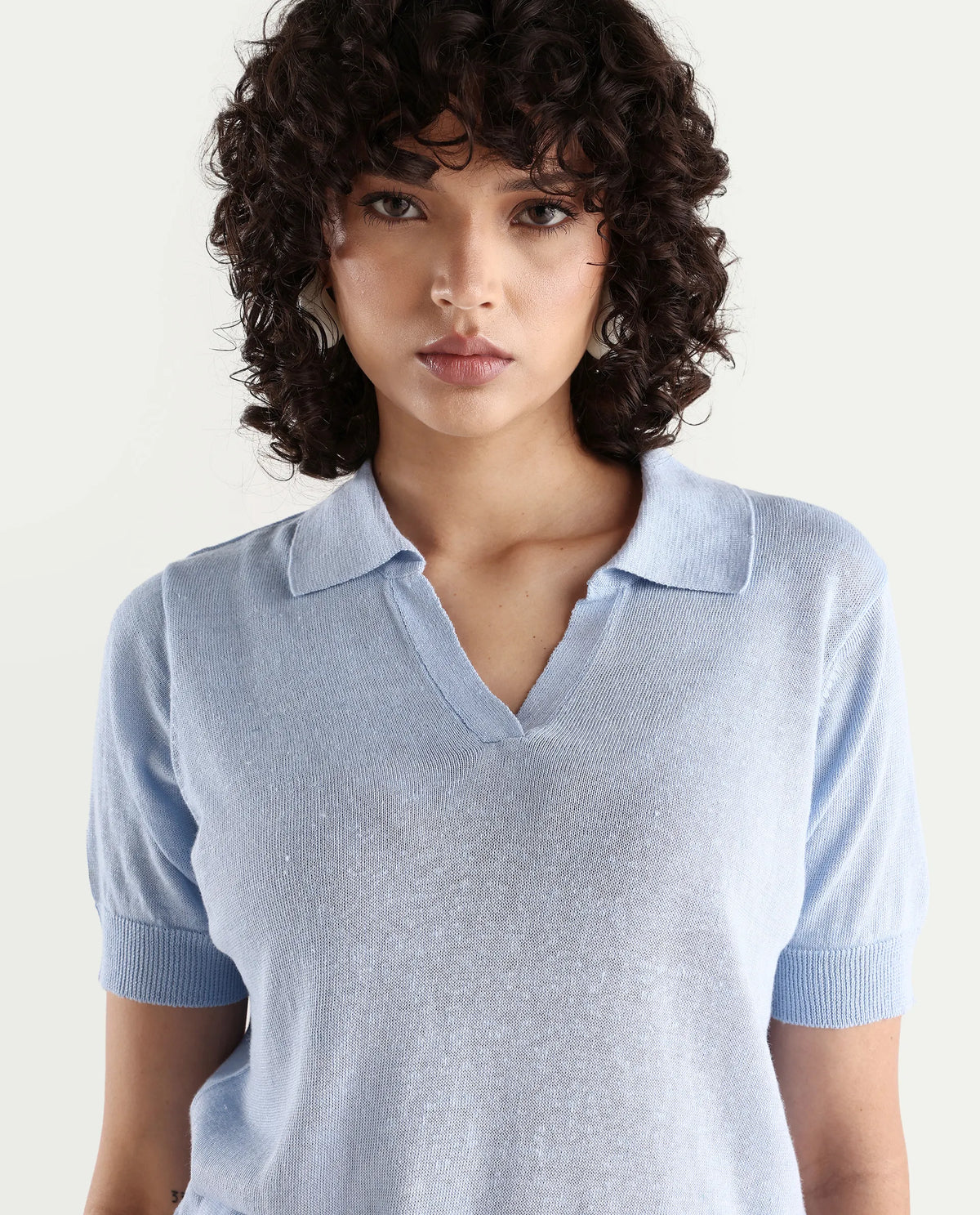 Rareism Women's Basel Light Blue Linen Blend Polo Neck Plain Regular Fit Polo