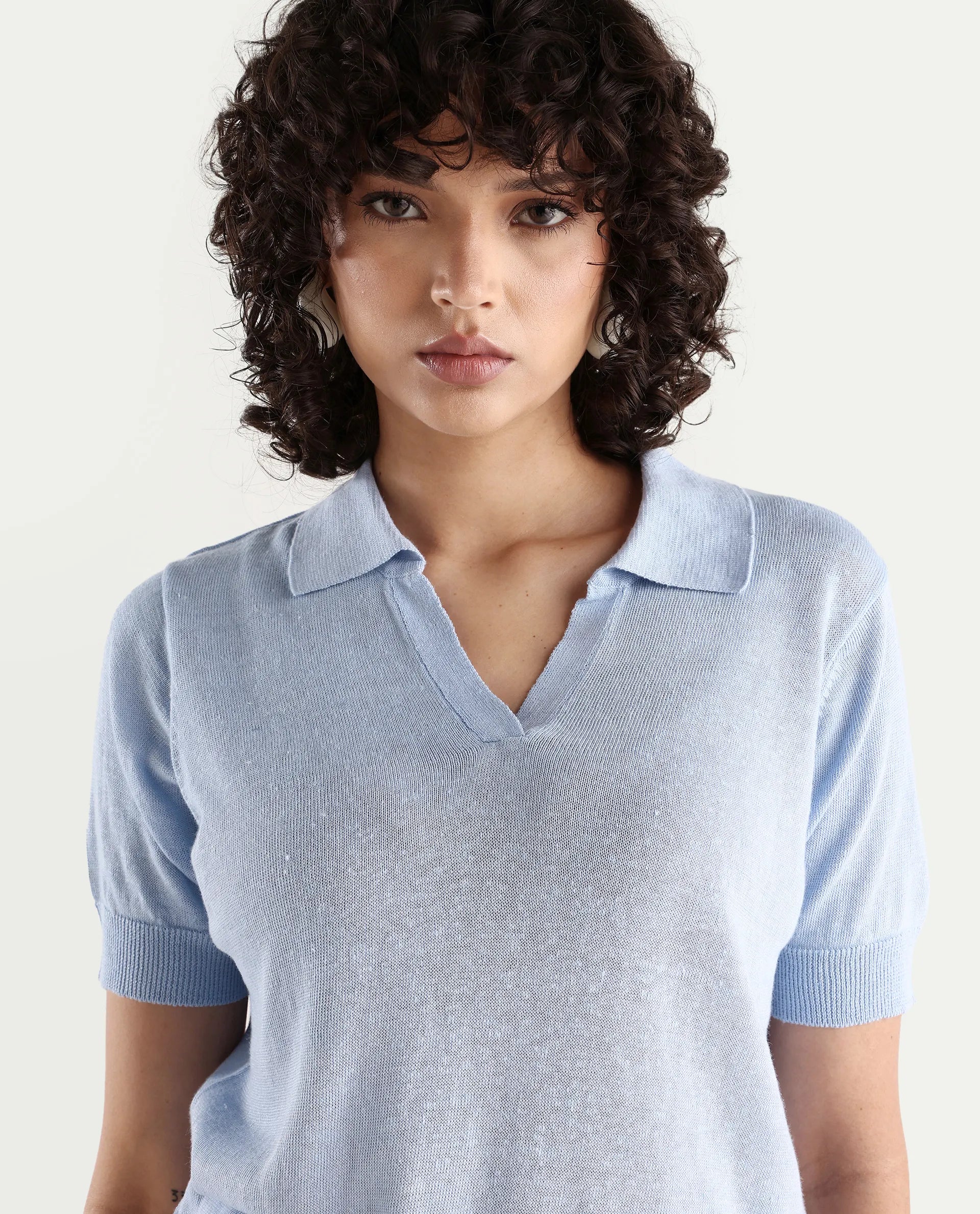 Rareism Women's Basel Light Blue Linen Blend Polo Neck Plain Regular Fit Polo