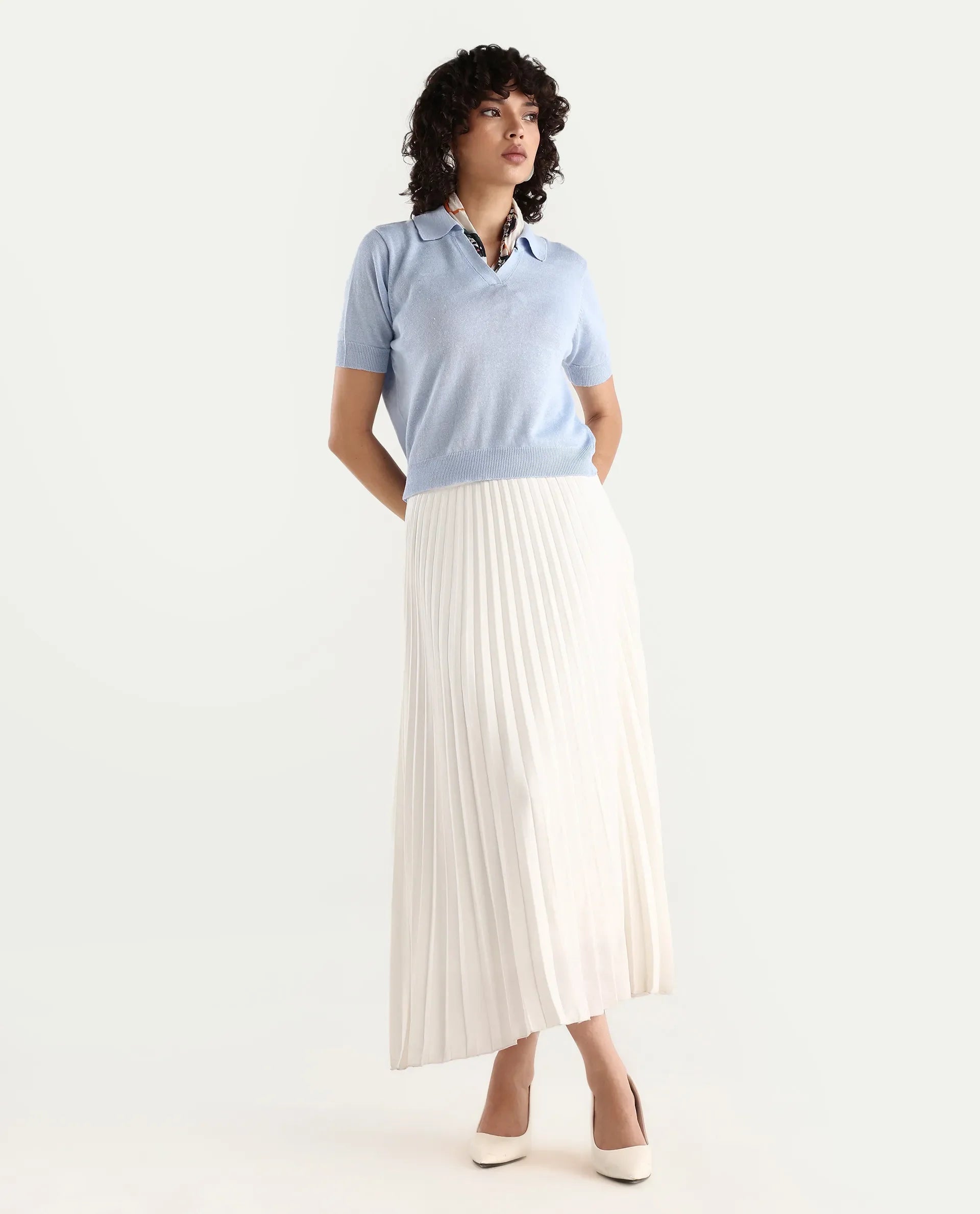 Rareism Women's Basel Light Blue Cotton Blend Polo Neck Plain Regular Fit Polo