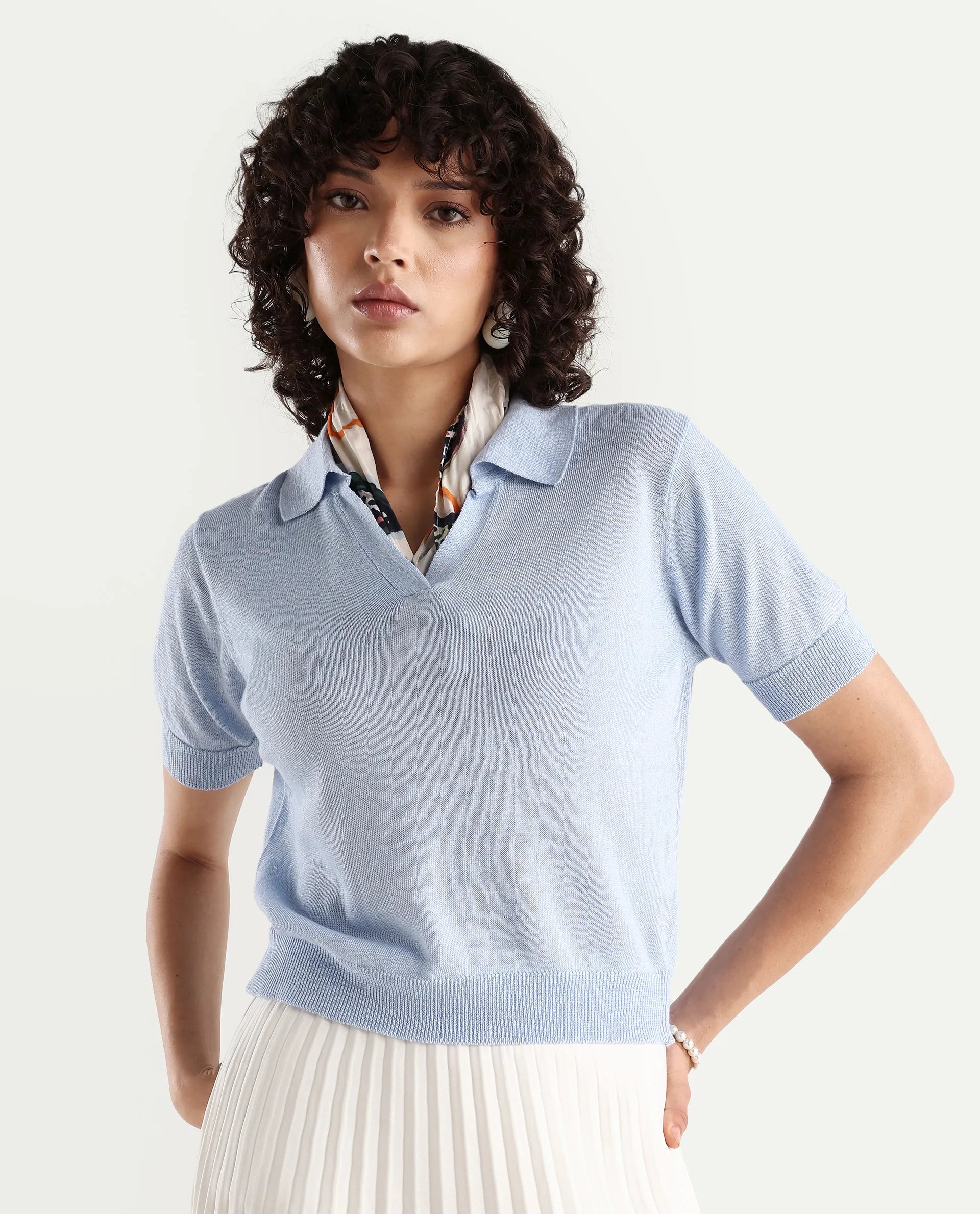 Rareism Women's Basel Light Blue Linen Blend Polo Neck Plain Regular Fit Polo