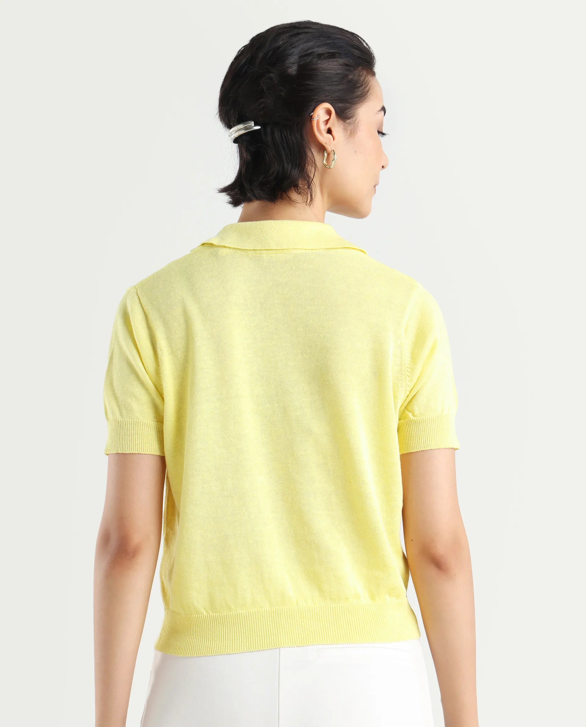 Rareism Women's Basel Yellow Cotton Linen Polo Neck Plain Regular Fit Polo