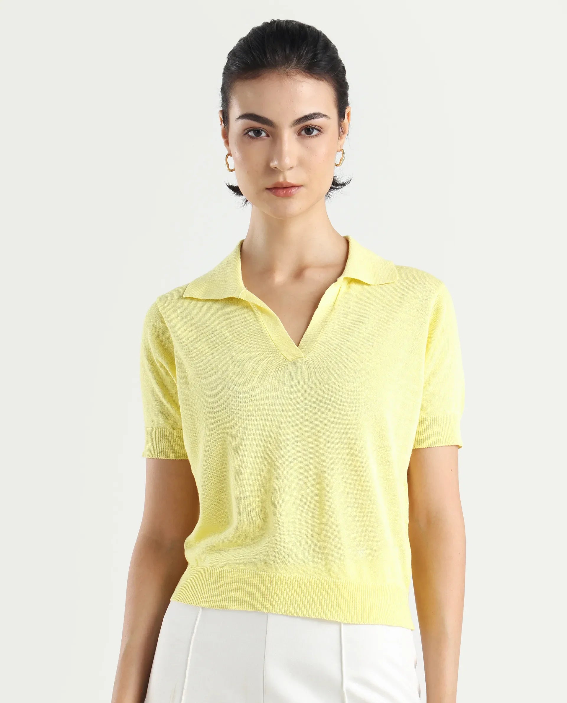 Rareism Women's Basel Yellow Cotton Linen Polo Neck Plain Regular Fit Polo