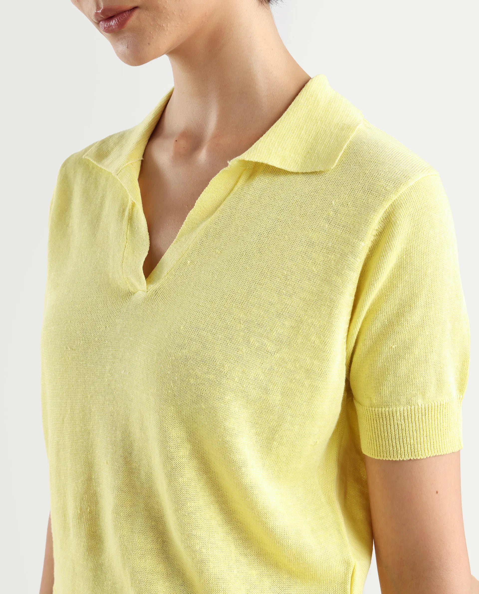 Rareism Women's Basel Yellow Cotton Linen Polo Neck Plain Regular Fit Polo