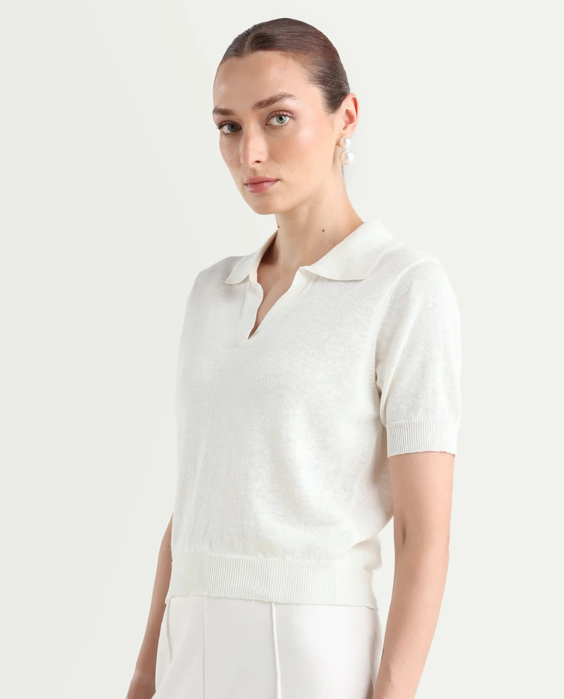 Rareism Women's Basel - Off White Cotton Linen Polo Neck Plain Regular Fit Polo