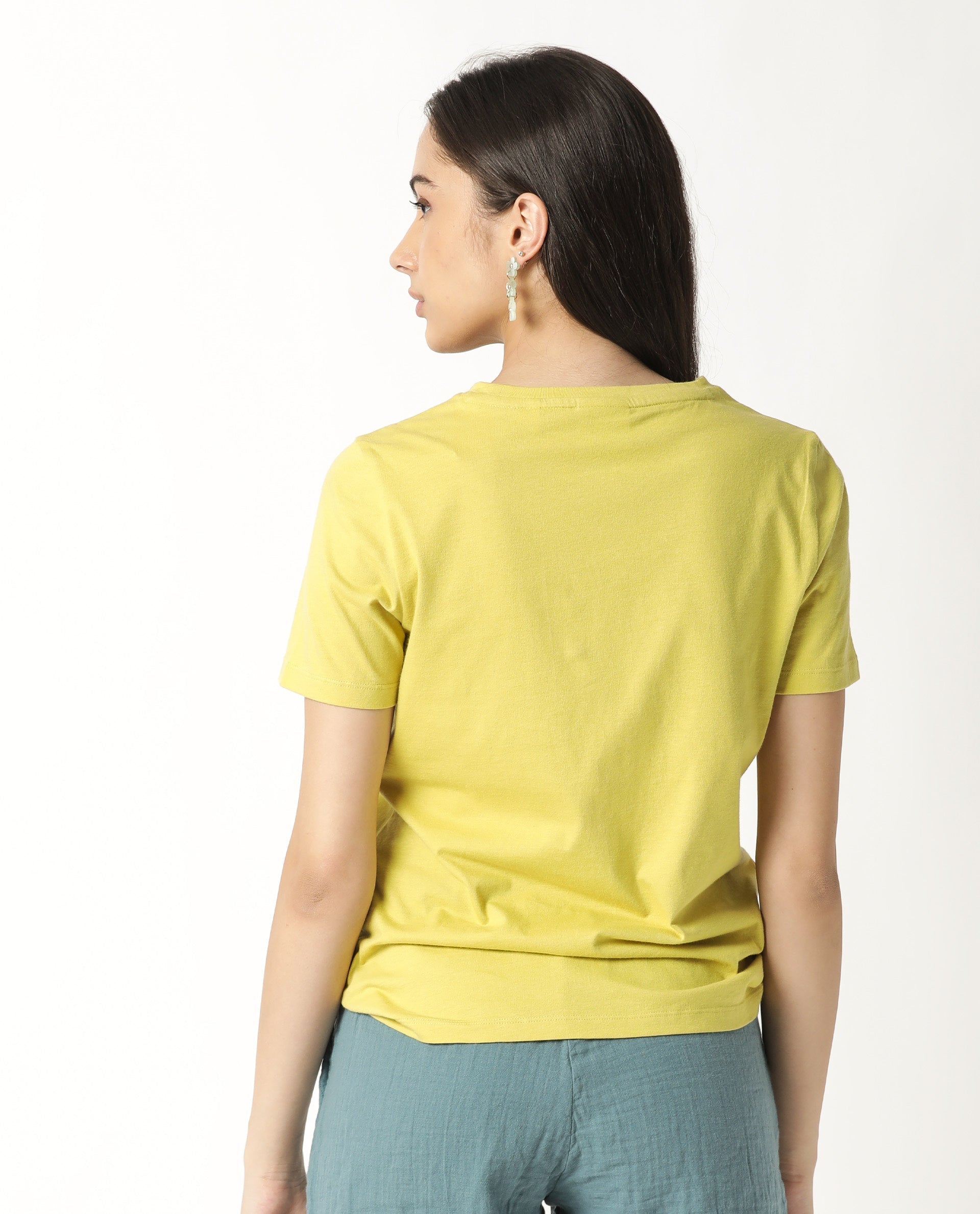 Rareism Womens Basic Tee 2 Yellow T-Shirt Cotton Fabric Fitted Fit Short Sleeve Round Neck