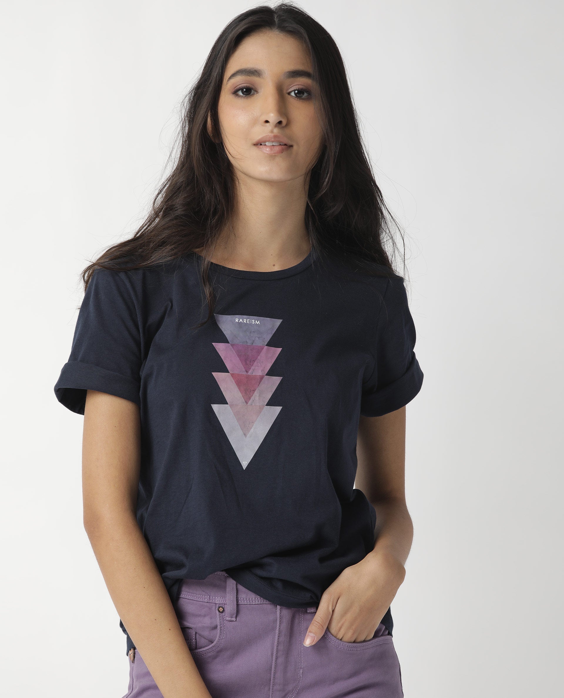 Rareism Womens Basic Tee 3 Navy T-Shirt Cotton Fabric Fitted Fit Short Sleeve Round Neck