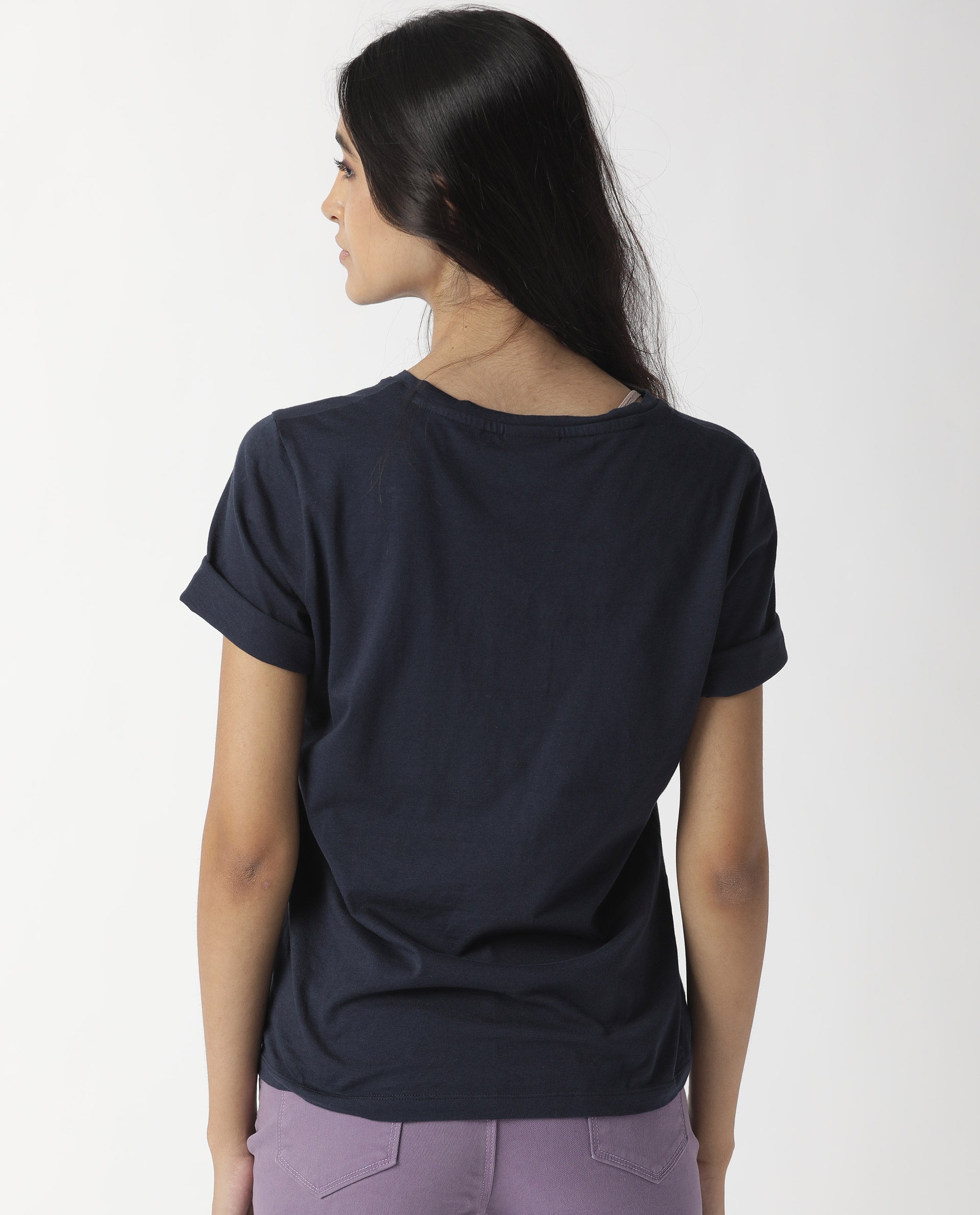 Rareism Womens Basic Tee 3 Navy T-Shirt Cotton Fabric Fitted Fit Short Sleeve Round Neck