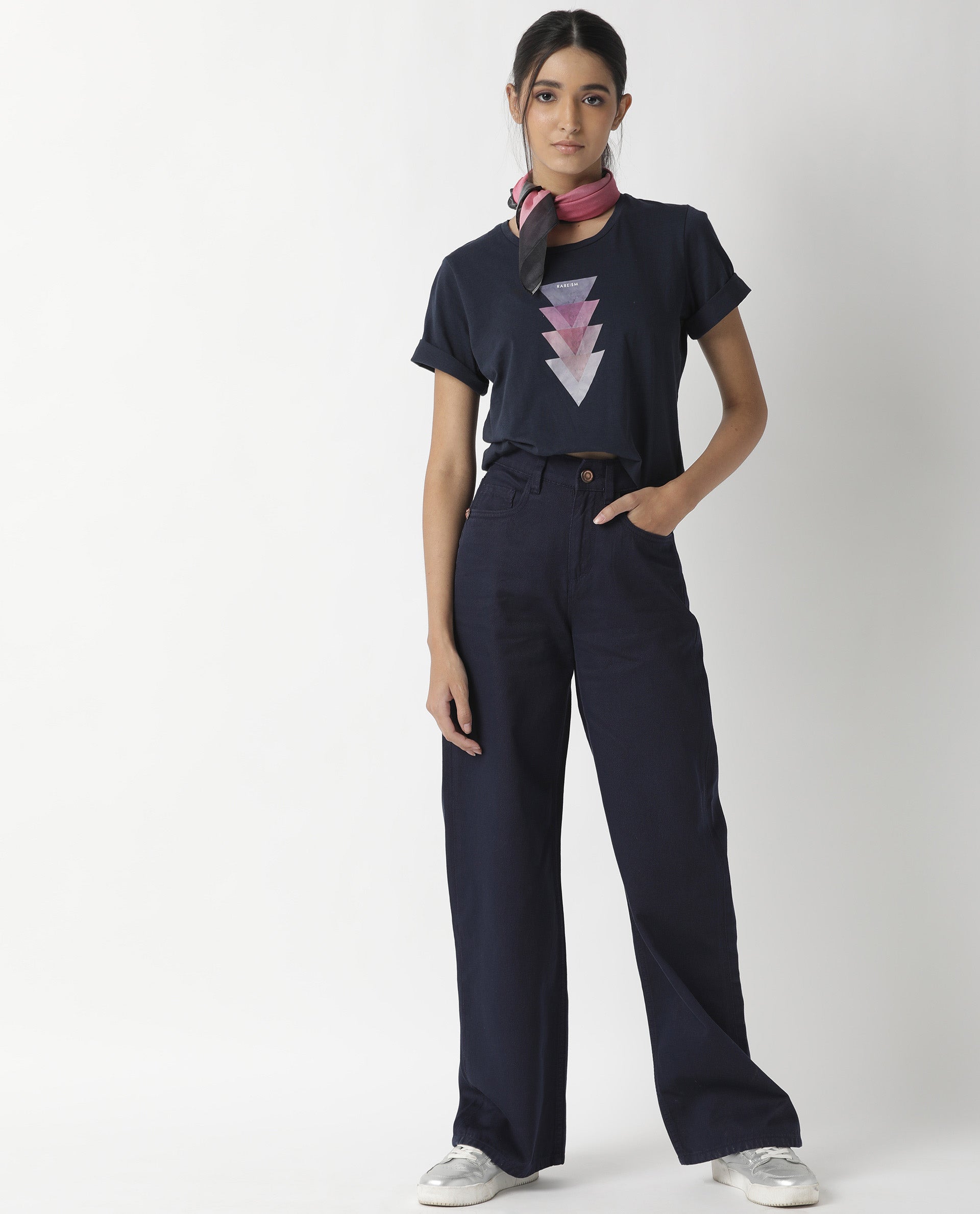 Rareism Womens Basic Tee 3 Navy T-Shirt Cotton Fabric Fitted Fit Short Sleeve Round Neck