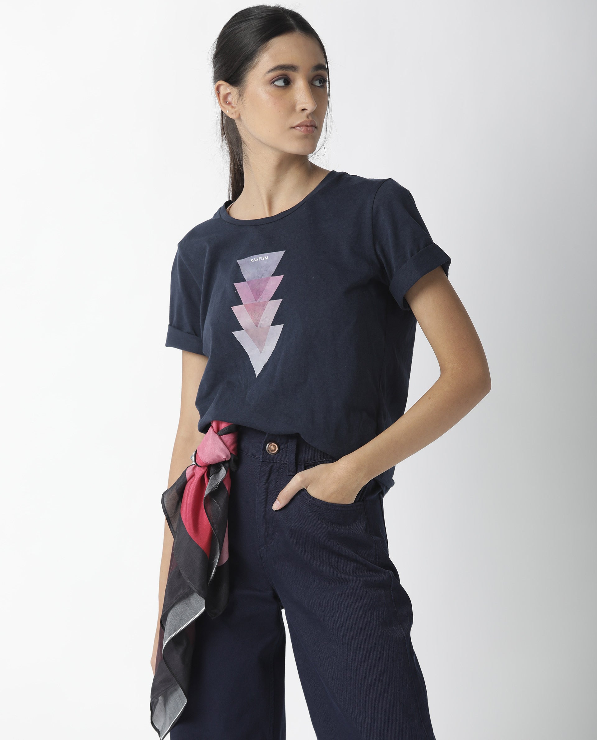 Rareism Womens Basic Tee 3 Navy T-Shirt Cotton Fabric Fitted Fit Short Sleeve Round Neck