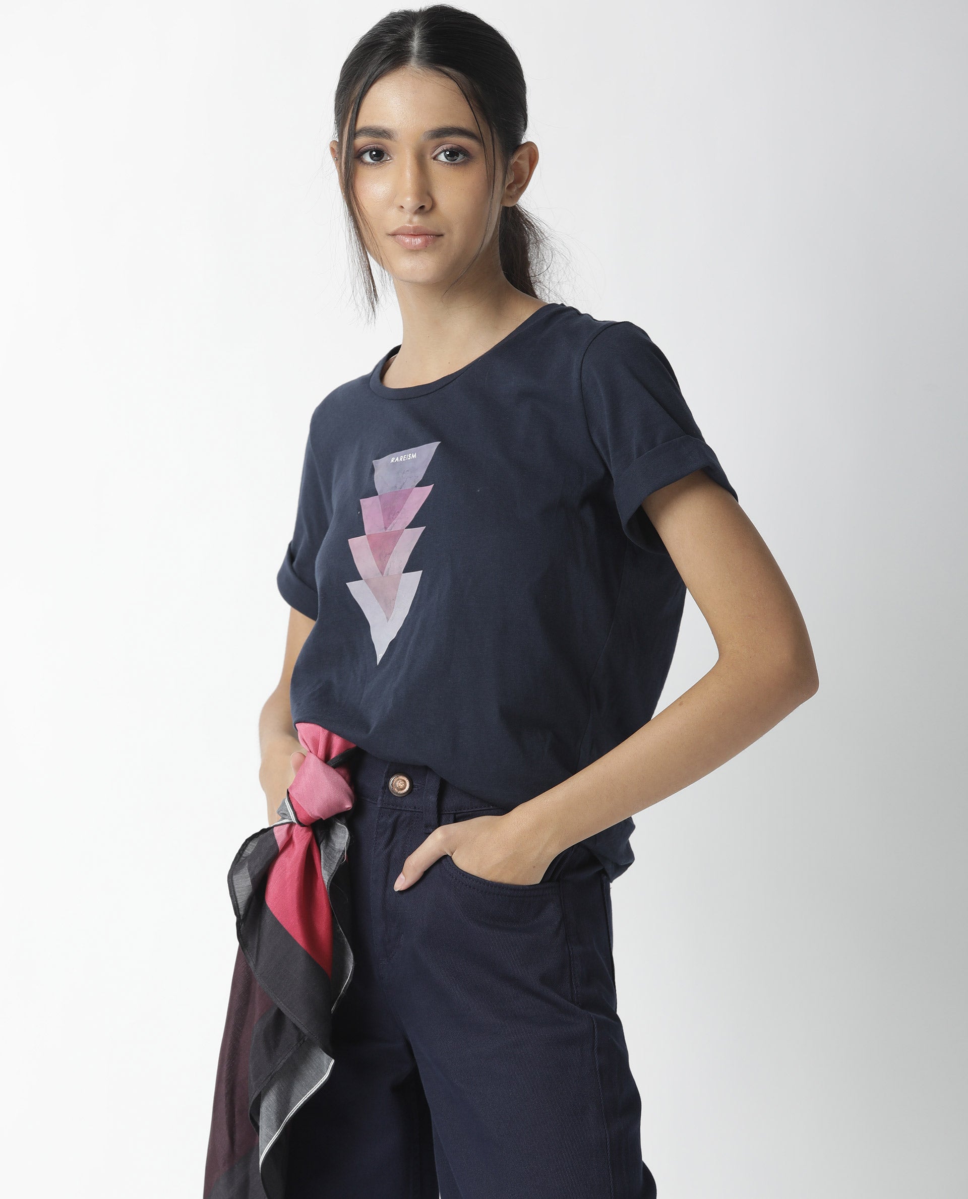 Rareism Womens Basic Tee 3 Navy T-Shirt Cotton Fabric Fitted Fit Short Sleeve Round Neck