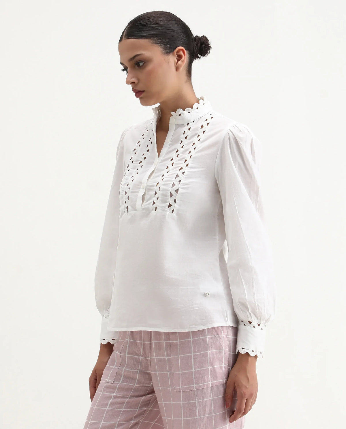Rareism Women's Basil Off White Cotton Mandarin Collar Plain Cuffed Sleeve Regular Fit Top