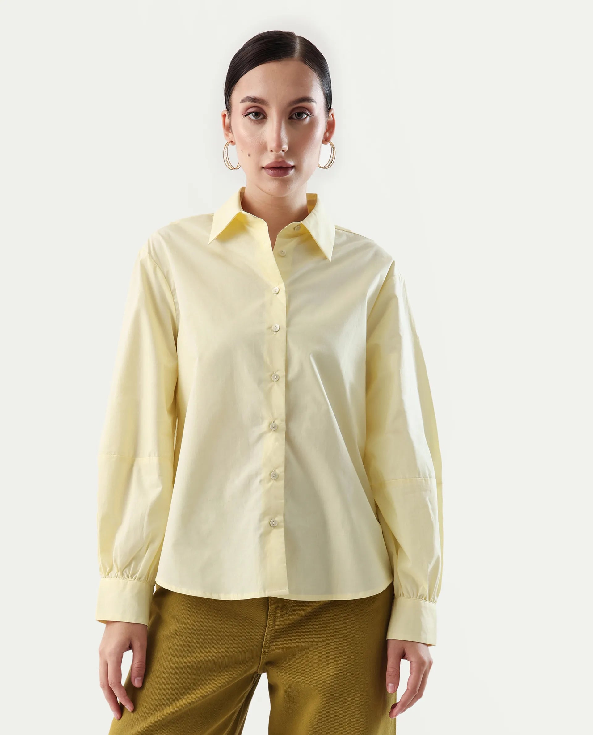 Rareism Women's Basom Yellow Cotton Collared Neck Relaxed Fit Shirt