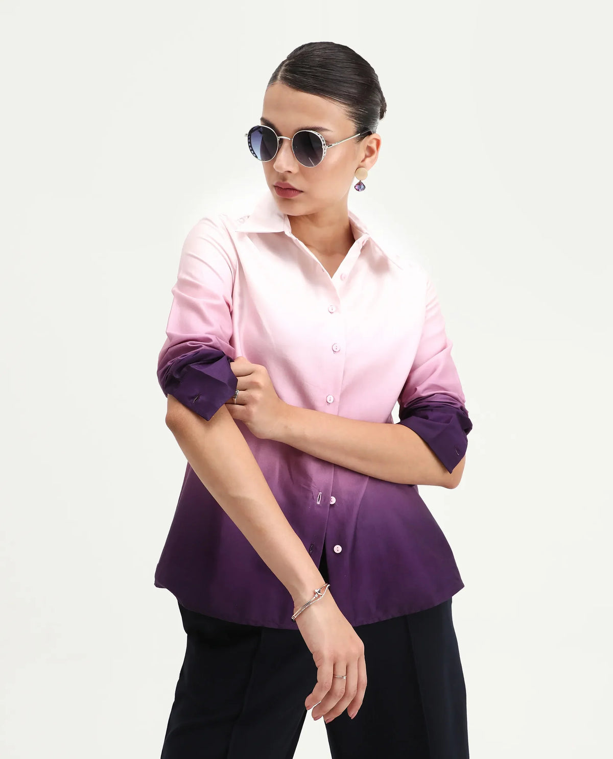 Rareism Women's Batim Purple Cotton Collared Neck Regular Fit Shirt