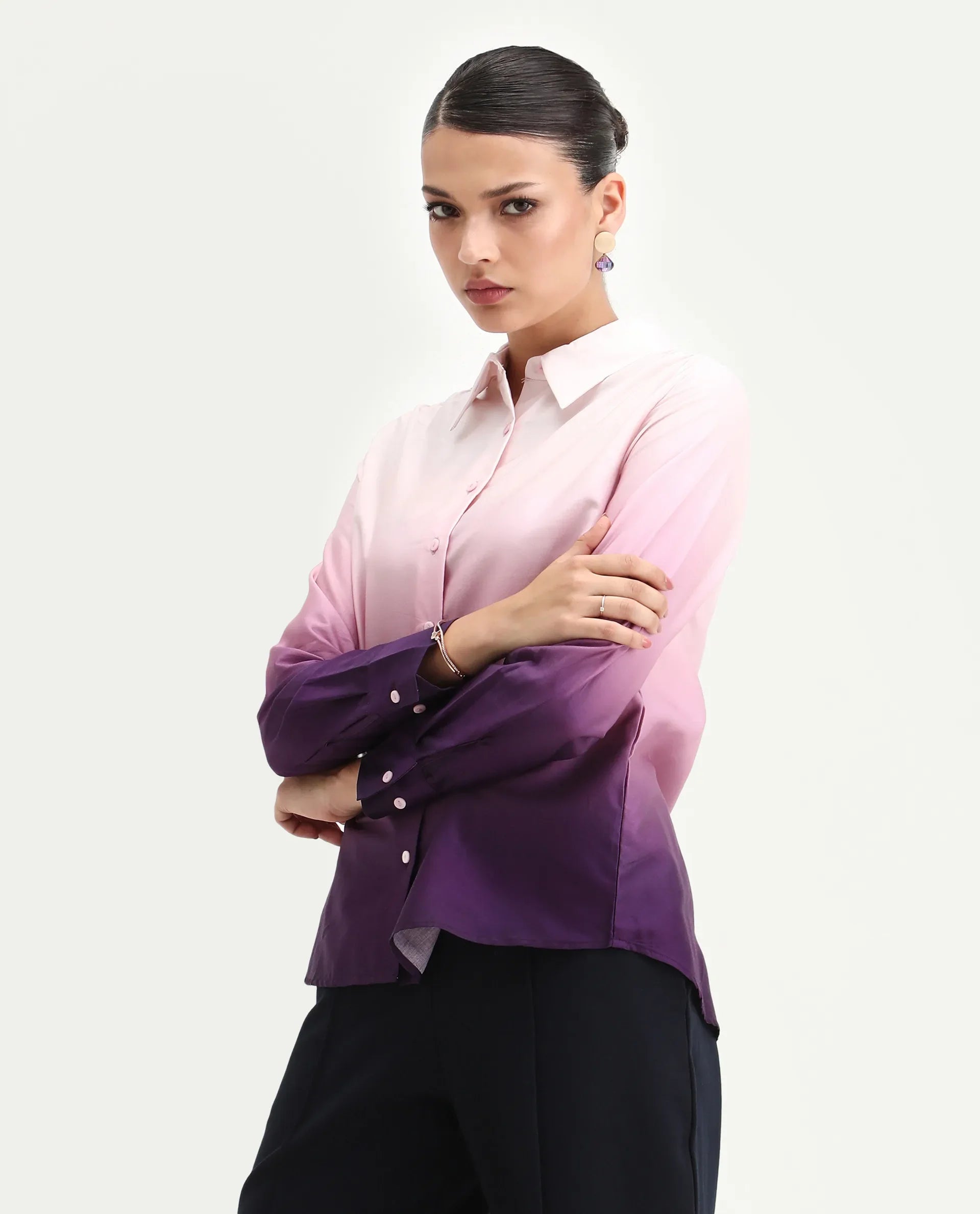 Rareism Women's Batim Purple Cotton Collared Neck Regular Fit Shirt