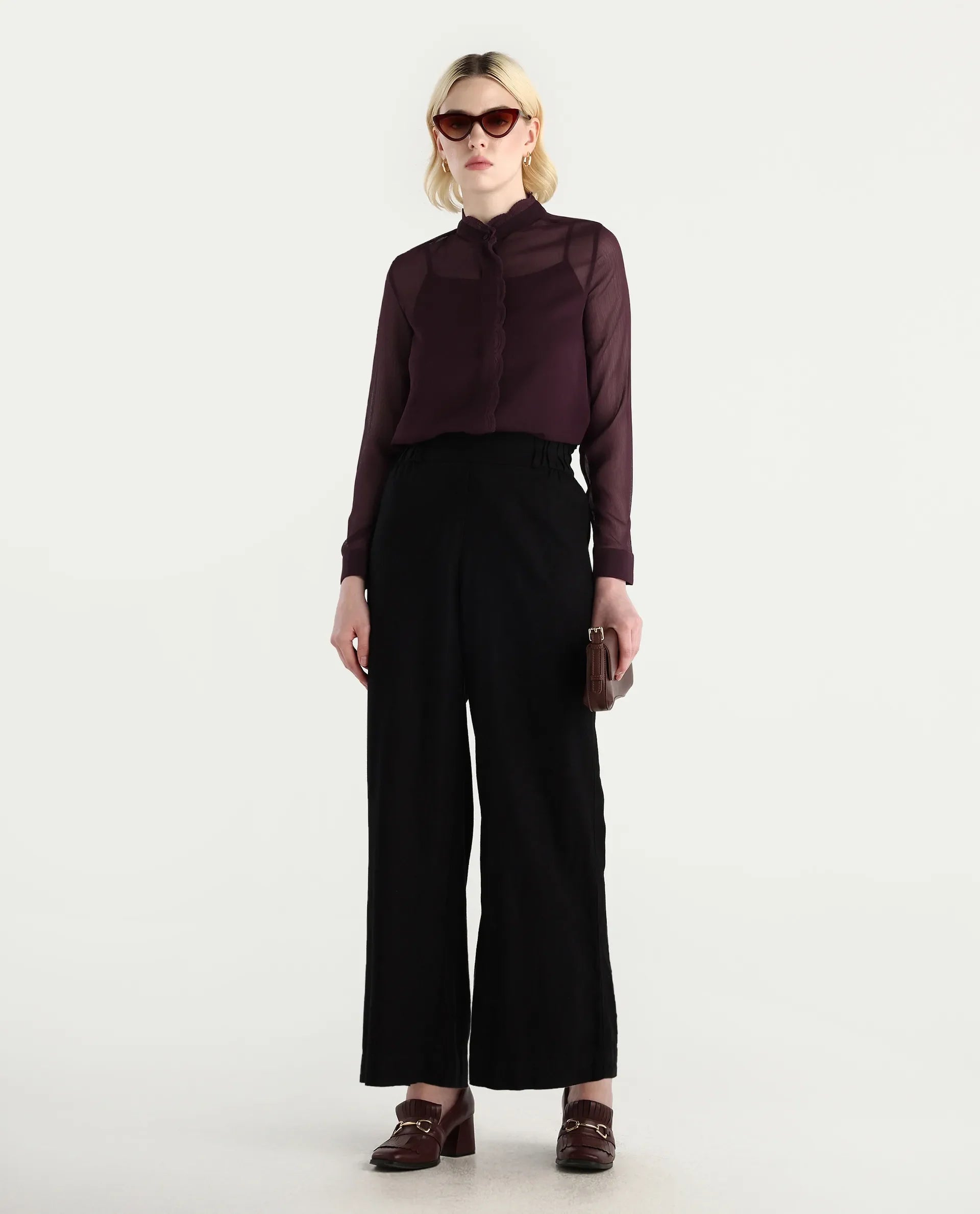 Rareism Women's Batmin Maroon Polyester Cuffed Sleeve Mandarin Collar Regular Fit Shirt