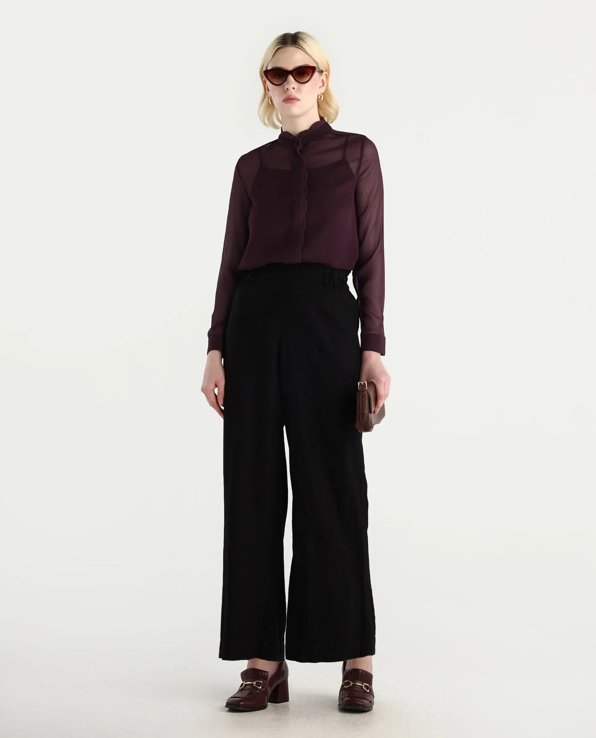 Rareism Women's Batmin Maroon Polyester Cuffed Sleeve Mandarin Collar Regular Fit Shirt