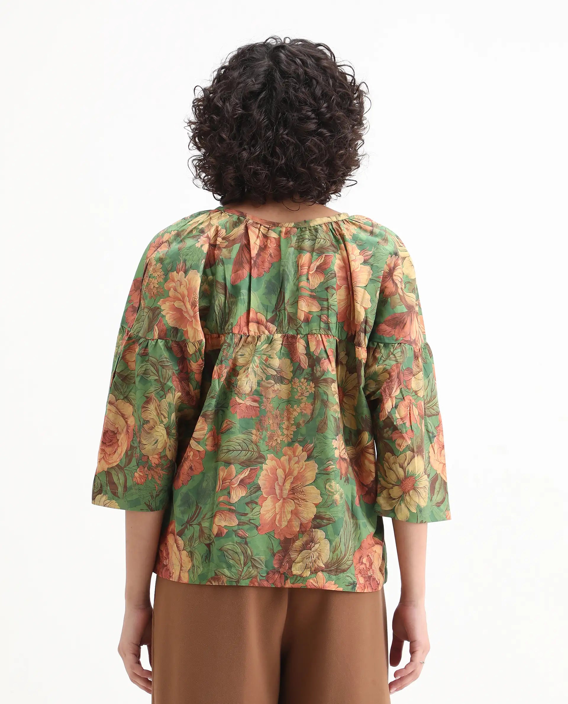 Rareism Women's Baudel Green Cotton Tie-Up Neck Floral Print Kimono Sleeve Relaxed Fit Top