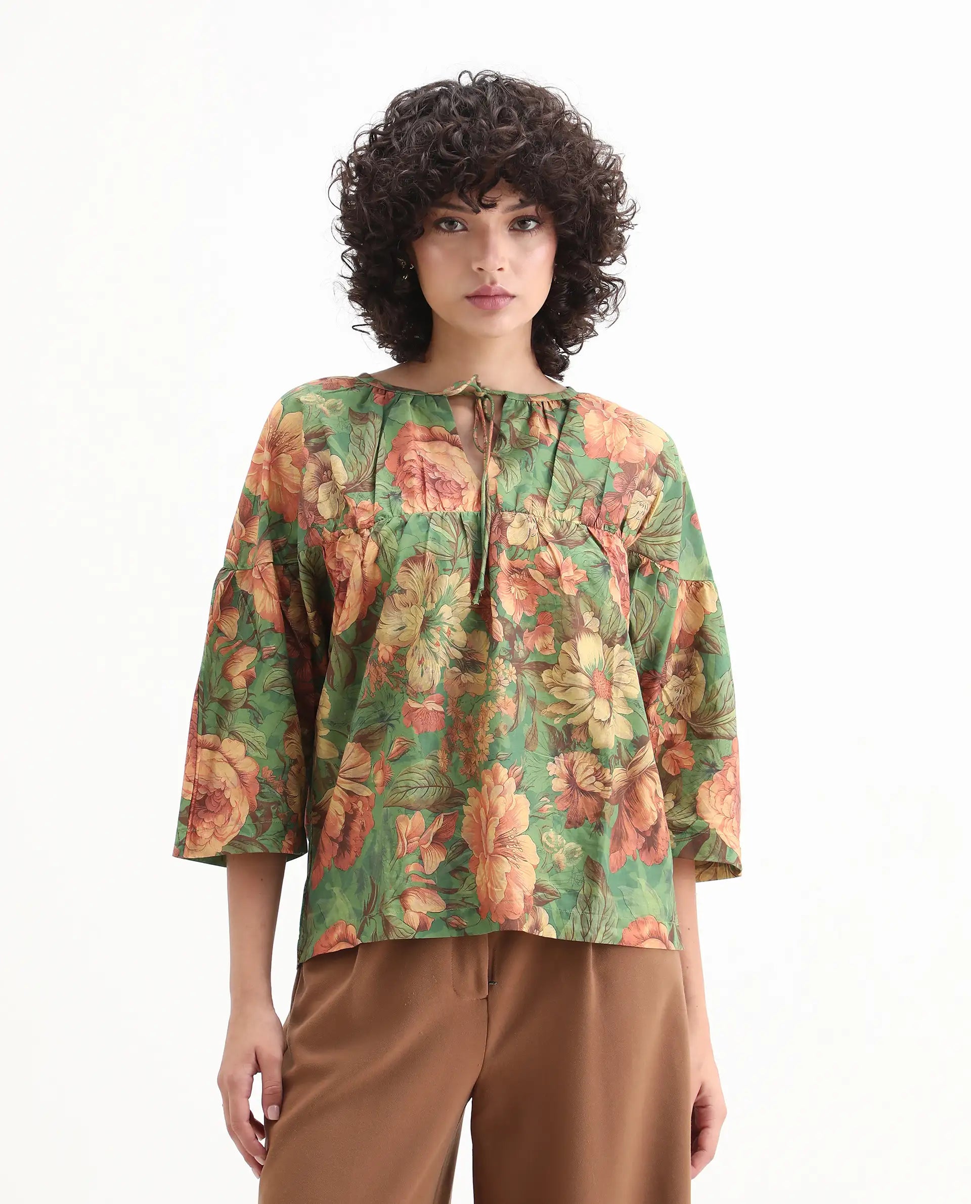 Rareism Women's Baudel Green Cotton Tie-Up Neck Floral Print Kimono Sleeve Relaxed Fit Top