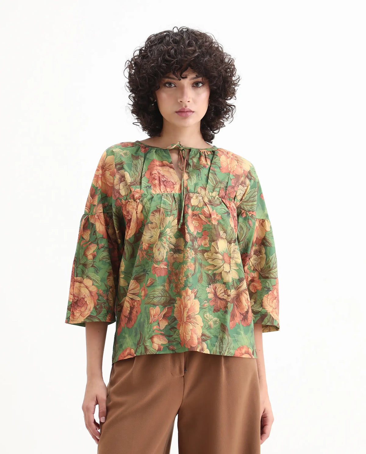 Rareism Women's Baudel Green Cotton Tie-Up Neck Floral Print Kimono Sleeve Relaxed Fit Top