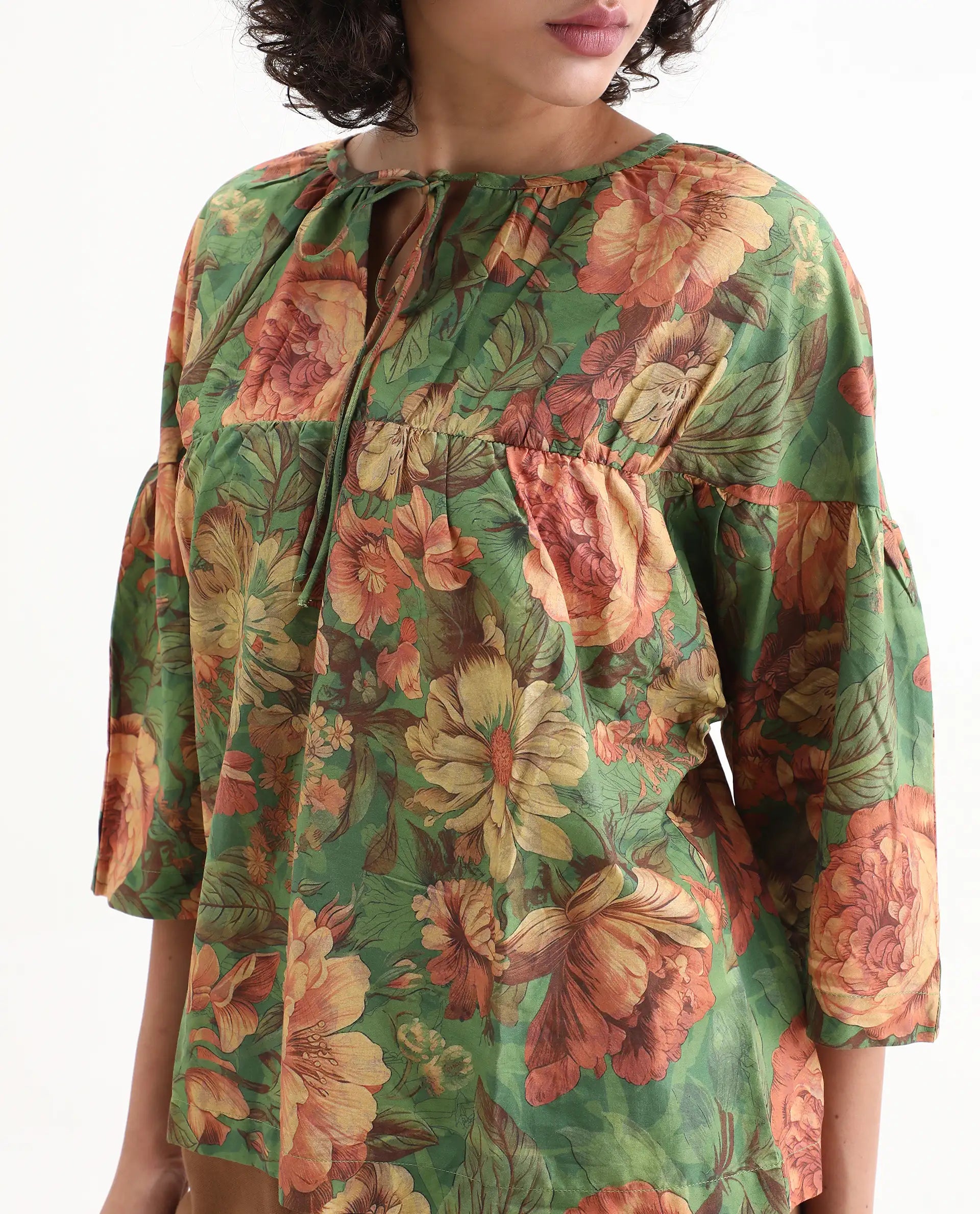 Rareism Women's Baudel Green Cotton Tie-Up Neck Floral Print Kimono Sleeve Relaxed Fit Top