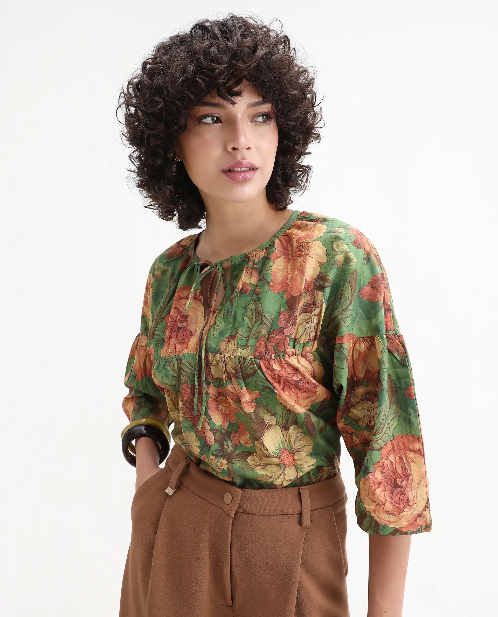 Rareism Women's Baudel Green Cotton Tie-Up Neck Floral Print Kimono Sleeve Relaxed Fit Top