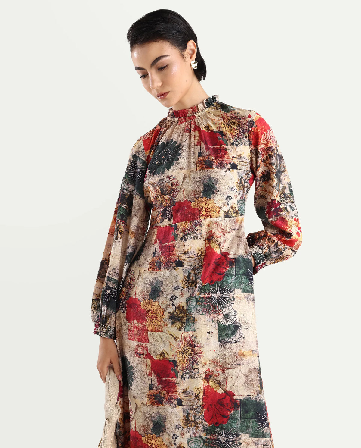 Rareism Women's Baylo Dusky Multi Cotton Blend Sweetheart Neck Abstract Print Smocked Sleeve Midi Asymmetric Dress