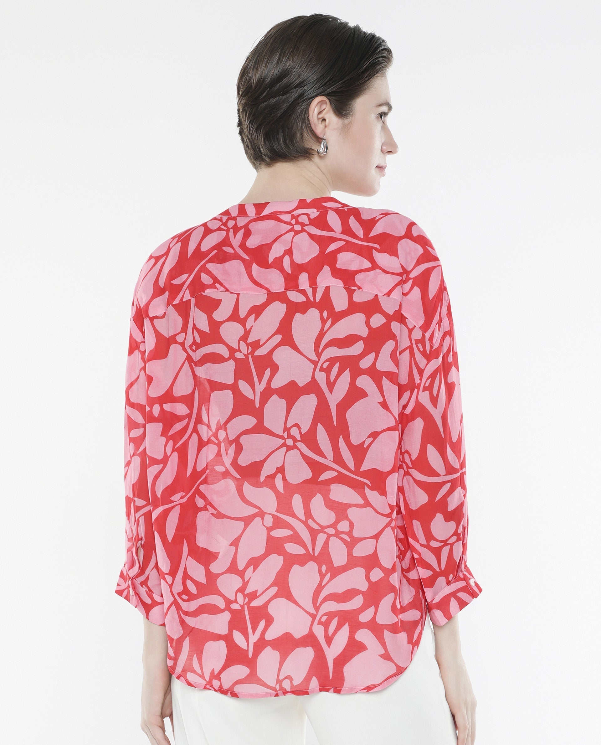 Rareism Women's Bayton Red Viscose Blend Mandarin Collar Floral Print Cuffed Sleeve Relaxed Fit Top