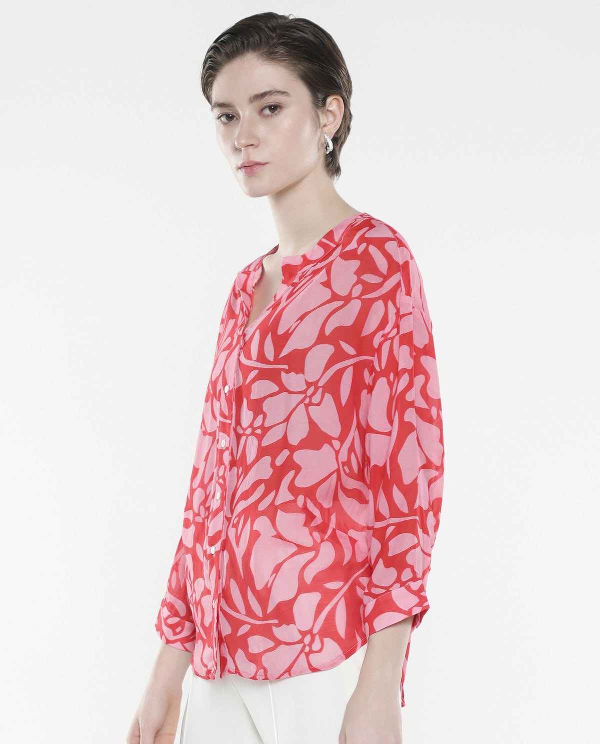 Rareism Women Bayton-SC Red Button Closure Cuffed Sleeve Mandarin Collar Relaxed Fit Floral Print Top