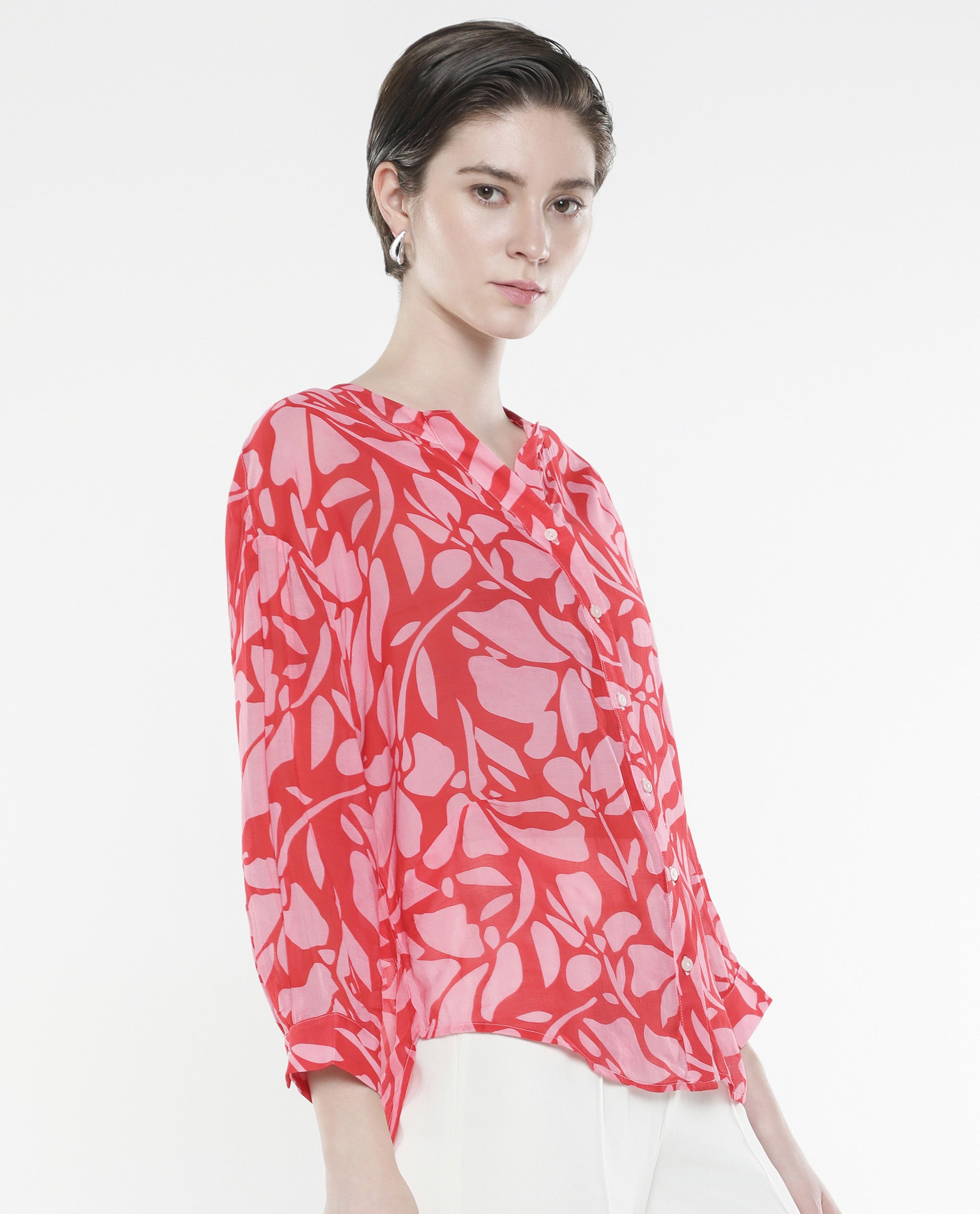 Rareism Women's Bayton Red Viscose Blend Mandarin Collar Floral Print Cuffed Sleeve Relaxed Fit Top