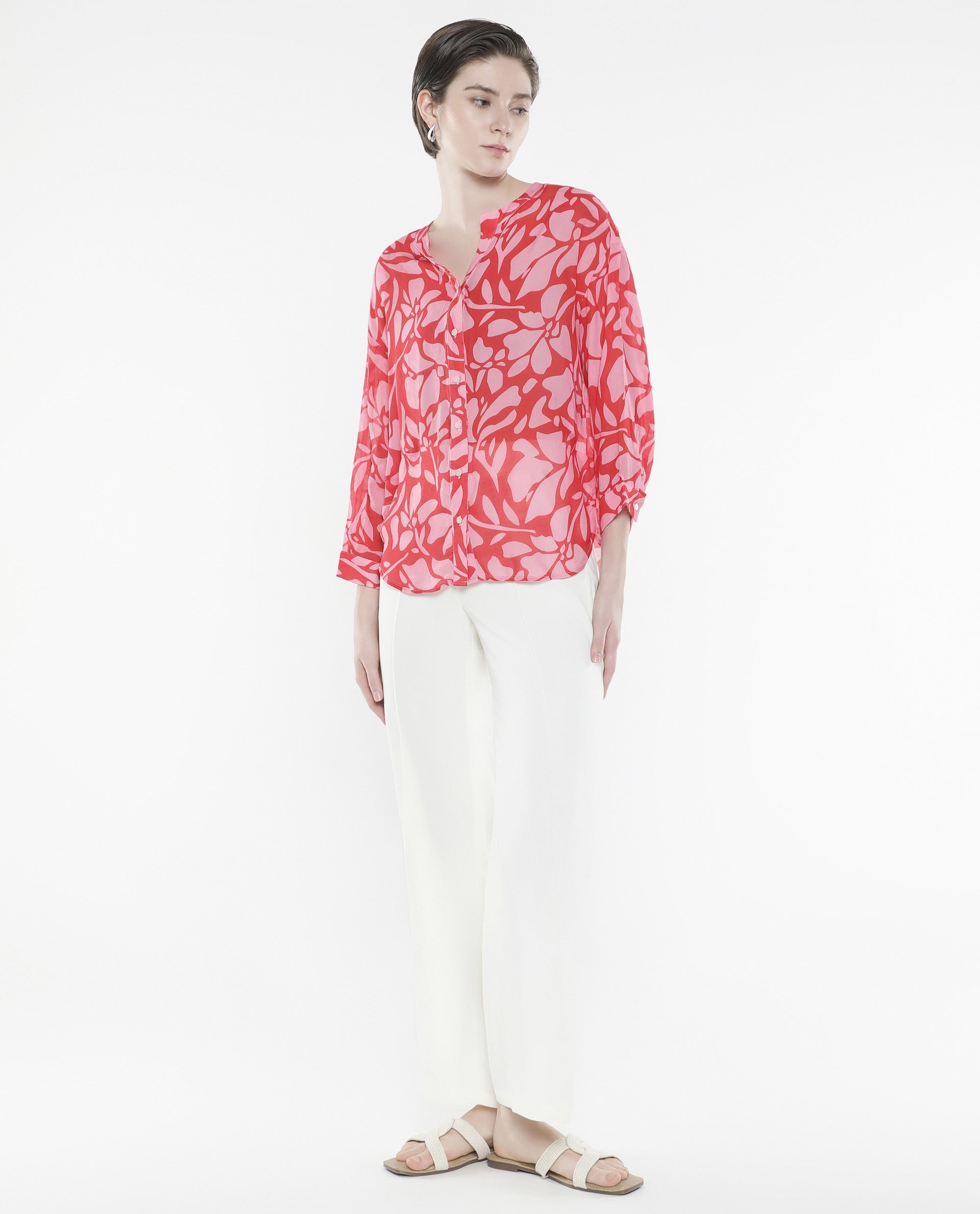 Rareism Women's Bayton Red Viscose Blend Mandarin Collar Floral Print Cuffed Sleeve Relaxed Fit Top