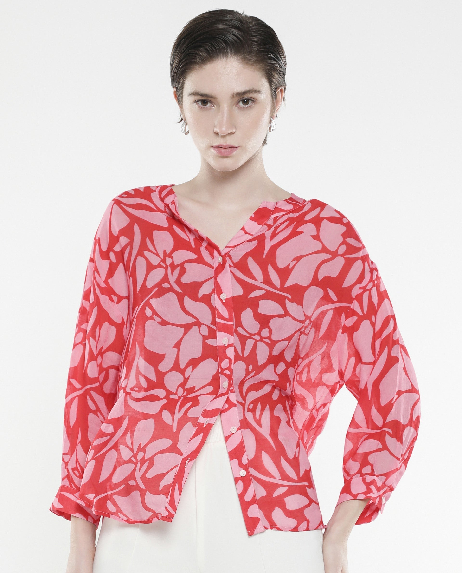 Rareism Women's Bayton Red Viscose Blend Mandarin Collar Floral Print Cuffed Sleeve Relaxed Fit Top