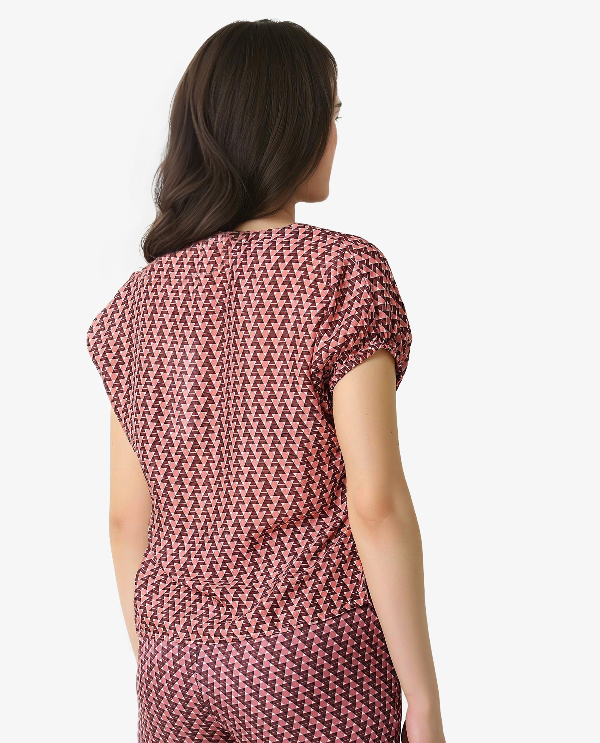 Rareism Women's Bea Maroon V-Neck Geometric Print Knee Length Tailored Top
