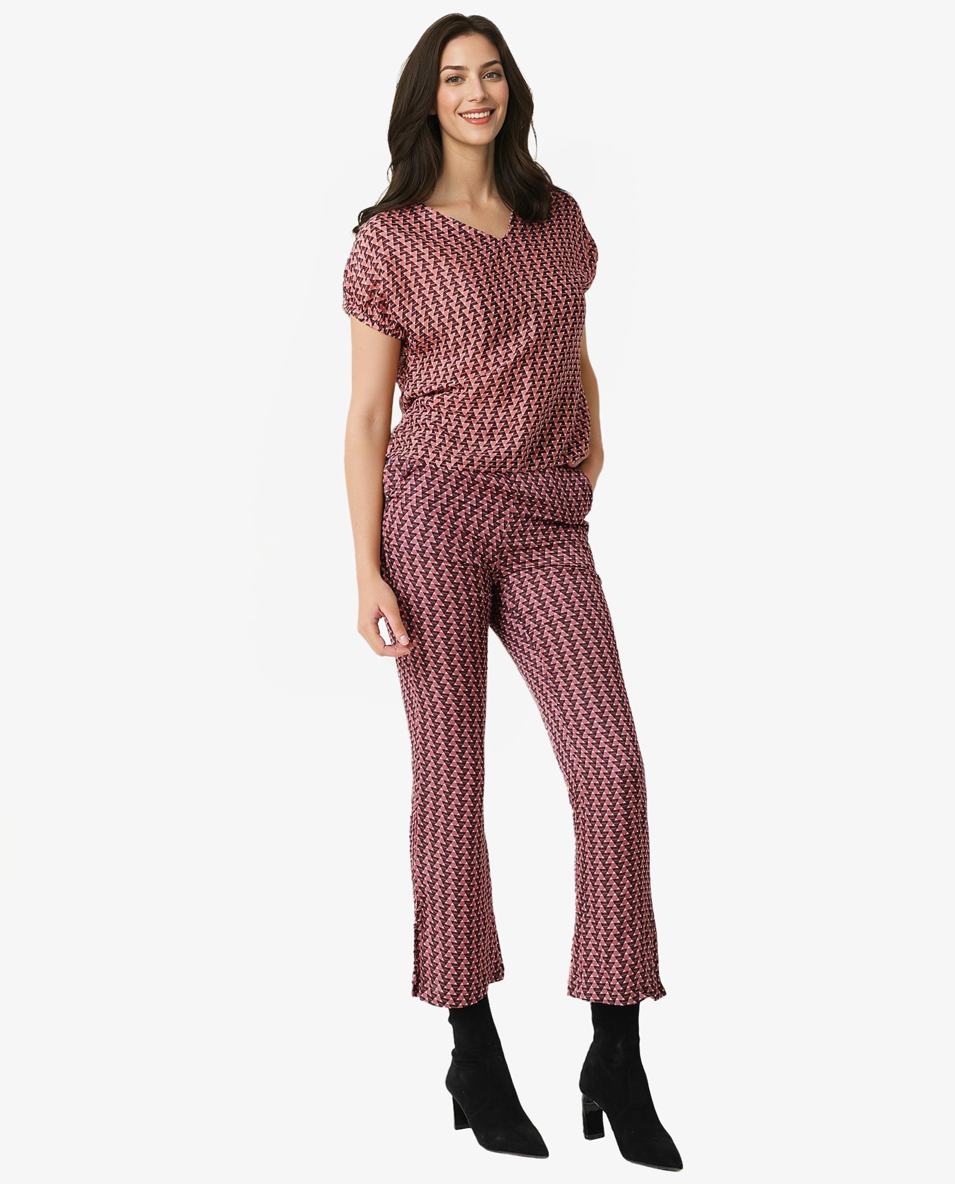 Rareism Women's Bea Maroon V-Neck Geometric Print Knee Length Tailored Top