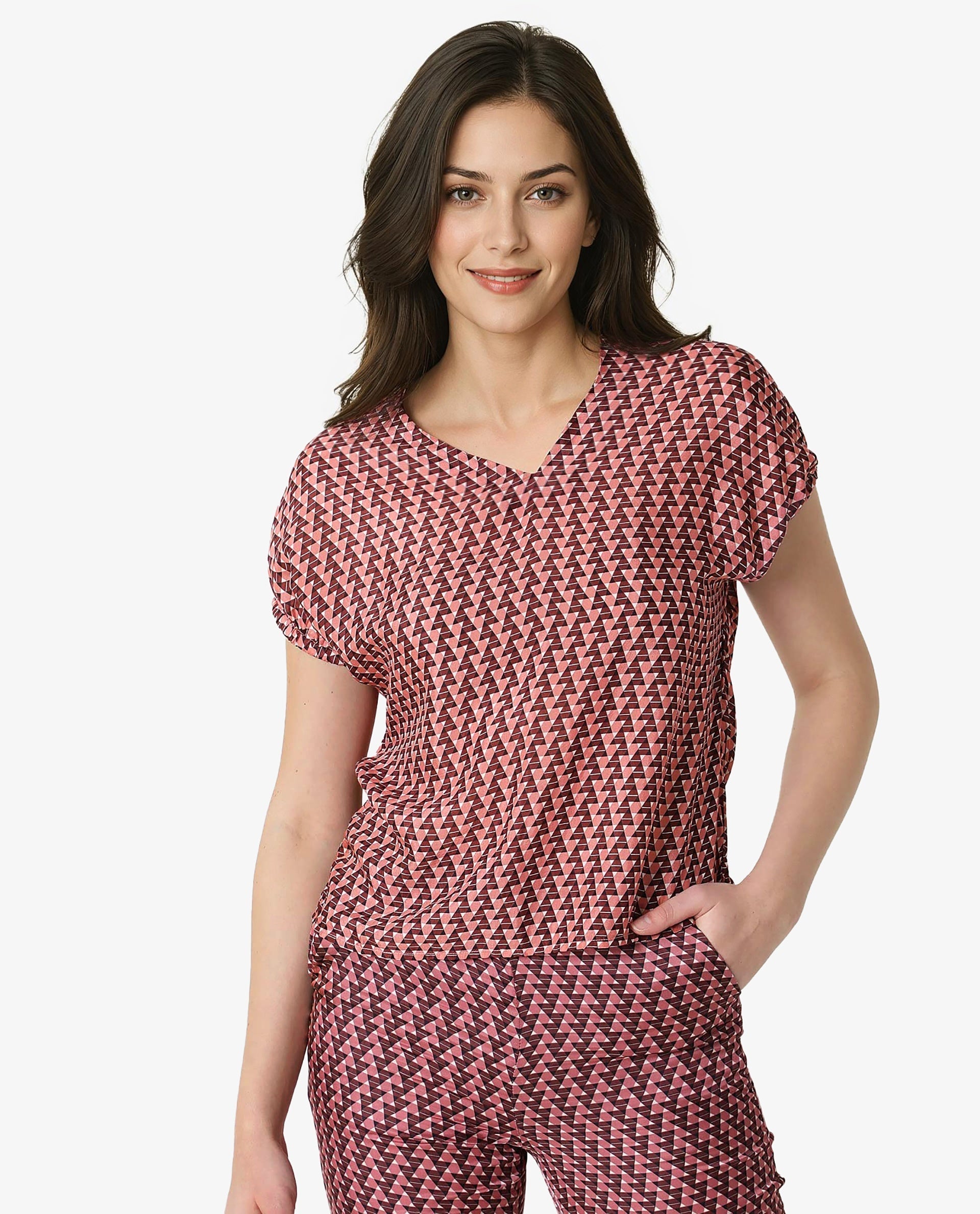 Rareism Women's Bea Maroon V-Neck Geometric Print Knee Length Tailored Top