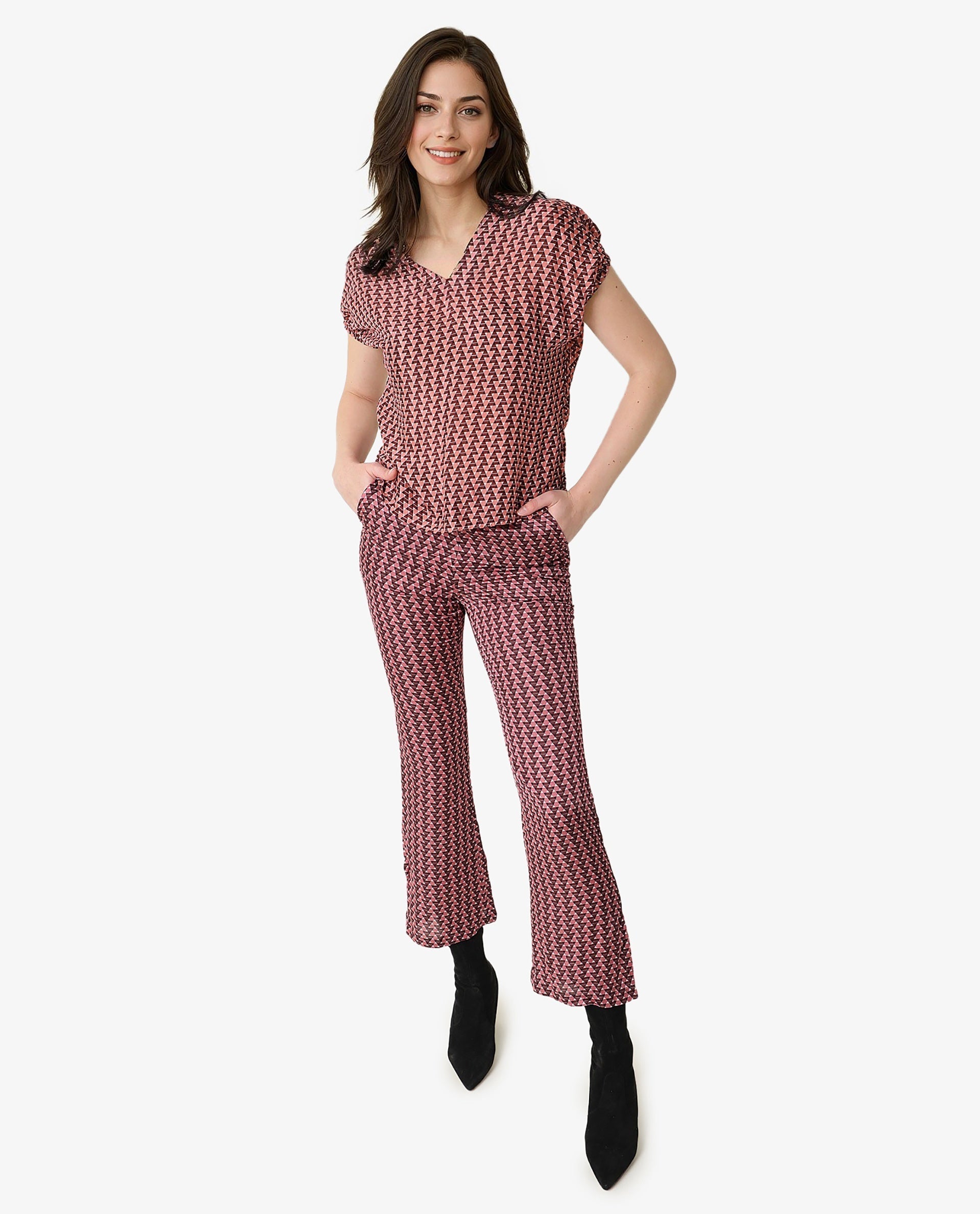 Rareism Women's Bea Maroon V-Neck Geometric Print Knee Length Tailored Top
