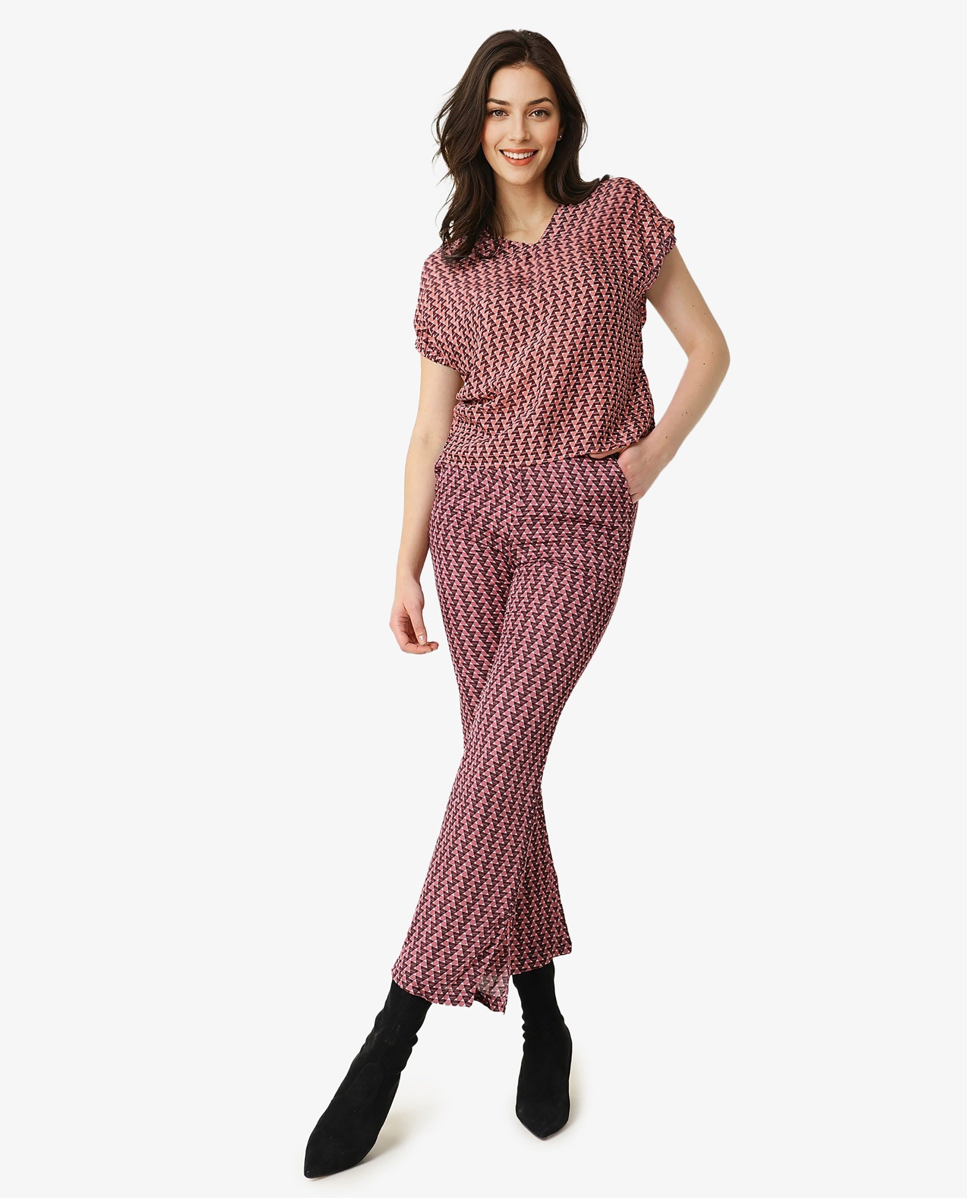 Rareism Women's Bea Maroon V-Neck Geometric Print Knee Length Tailored Top