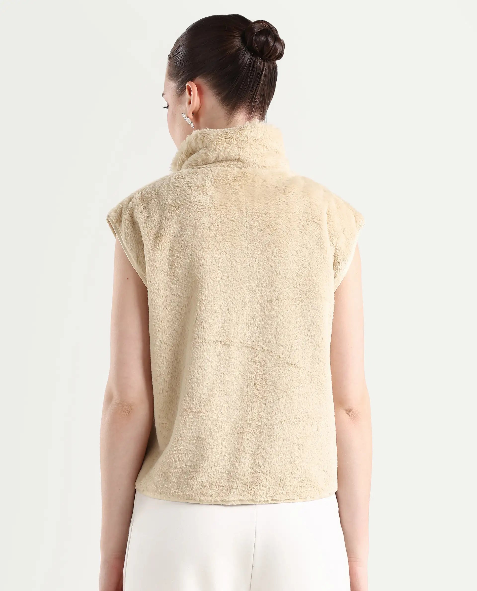 Rareism Women's Beauro Beige Polyester Drop Collar Plain Sleeveless Regular Fit Sweater