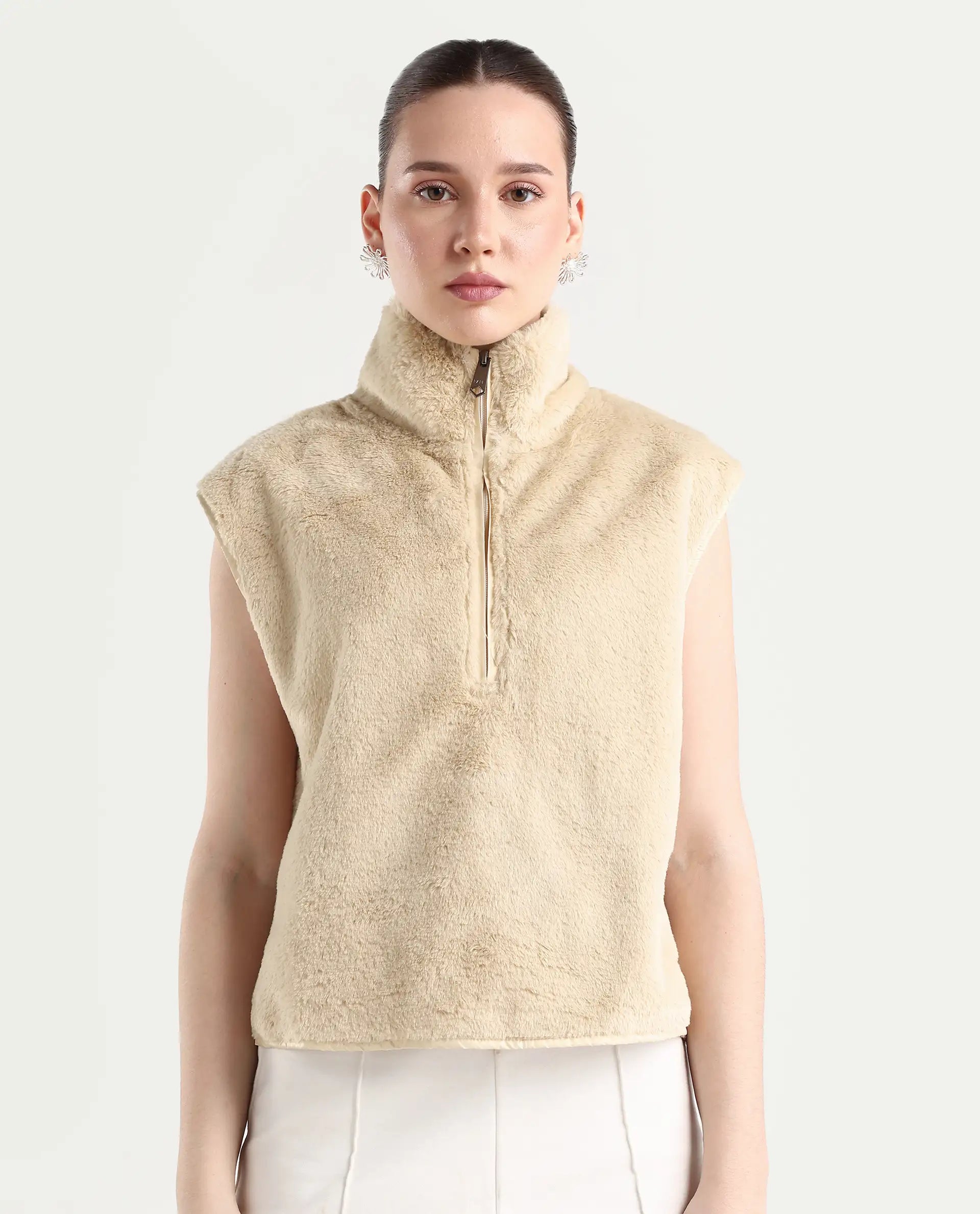 Rareism Women's Beauro Beige Polyester Drop Collar Plain Sleeveless Regular Fit Sweater