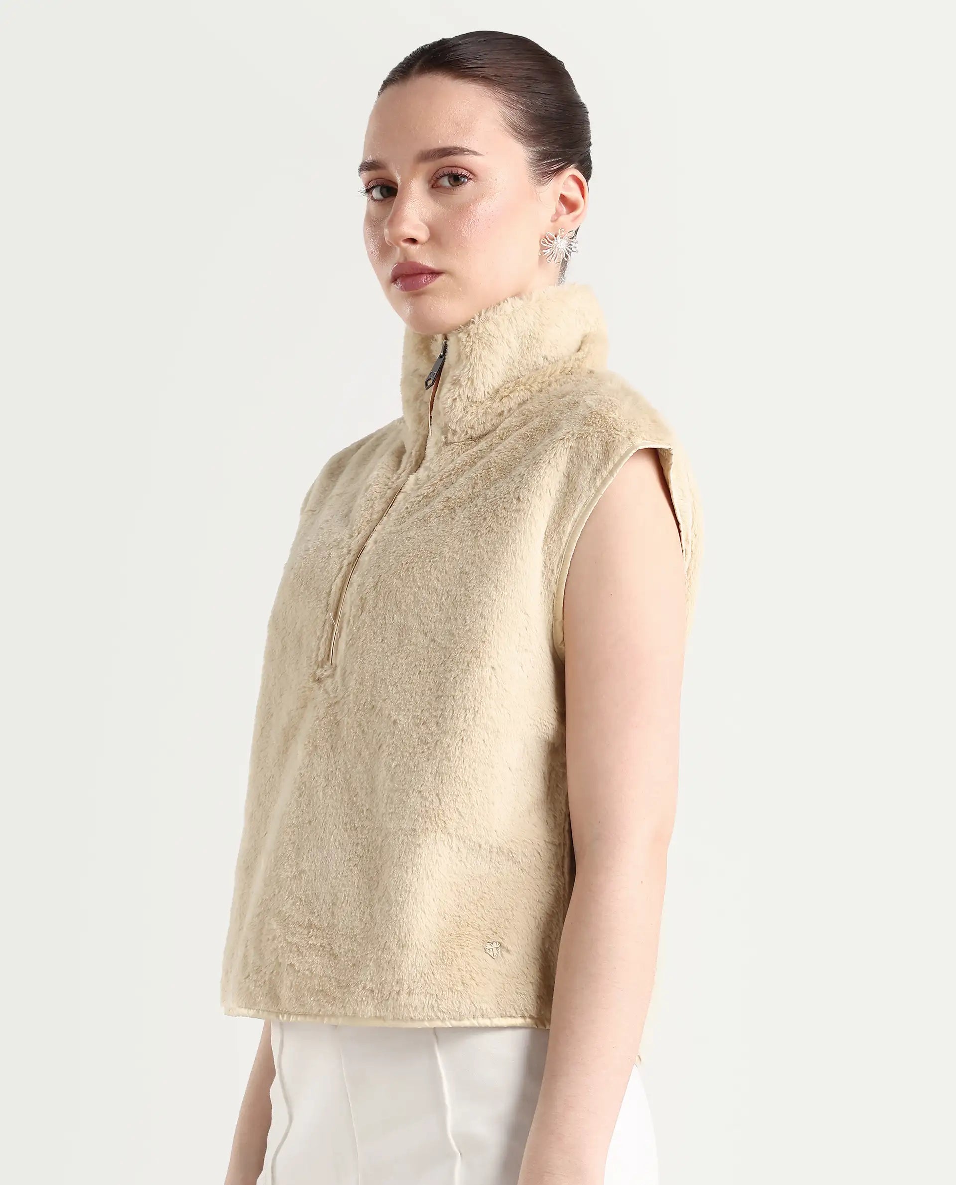 Rareism Women's Beauro Beige Polyester Drop Collar Plain Sleeveless Regular Fit Sweater
