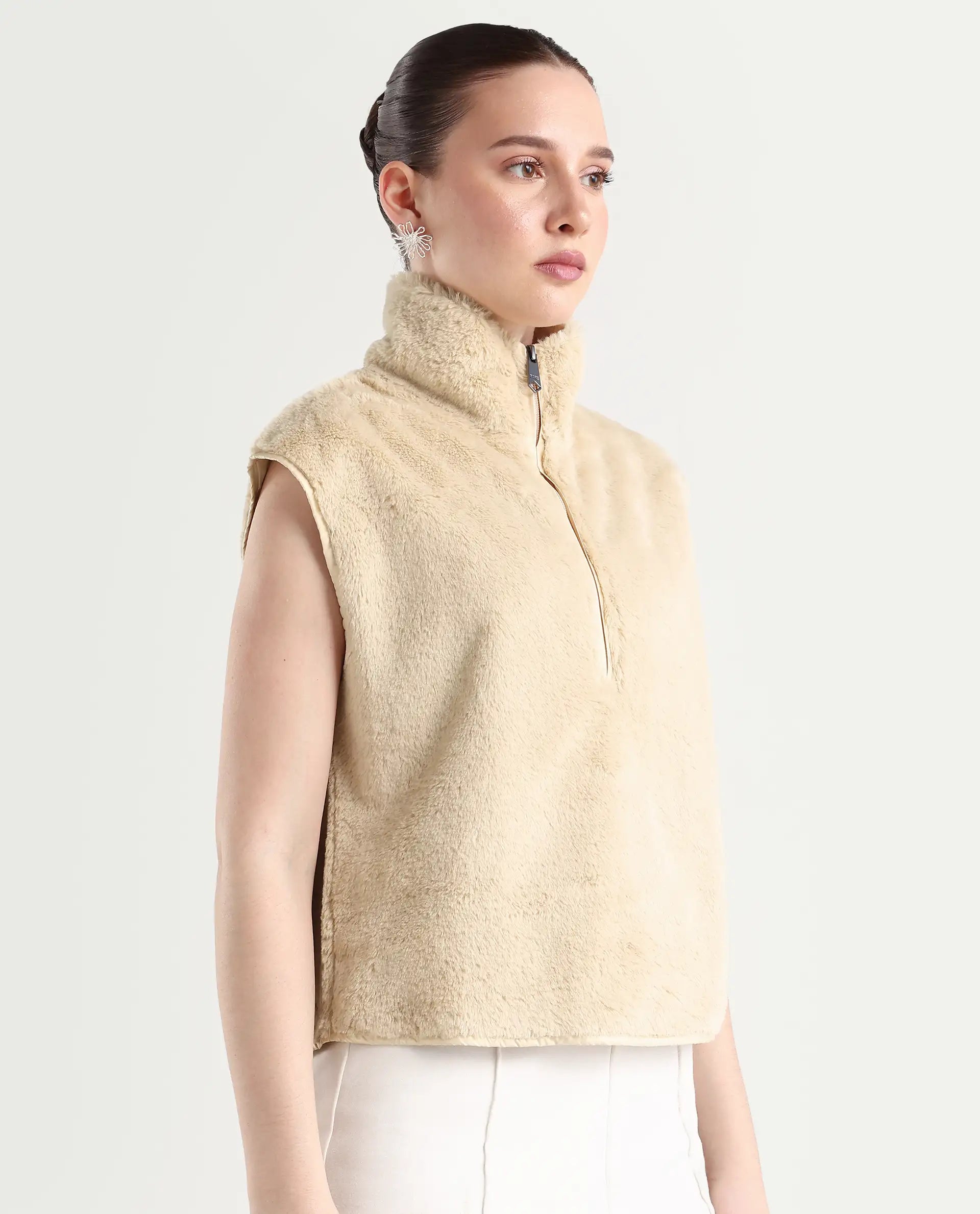 Rareism Women's Beauro Beige Polyester Drop Collar Plain Sleeveless Regular Fit Sweater
