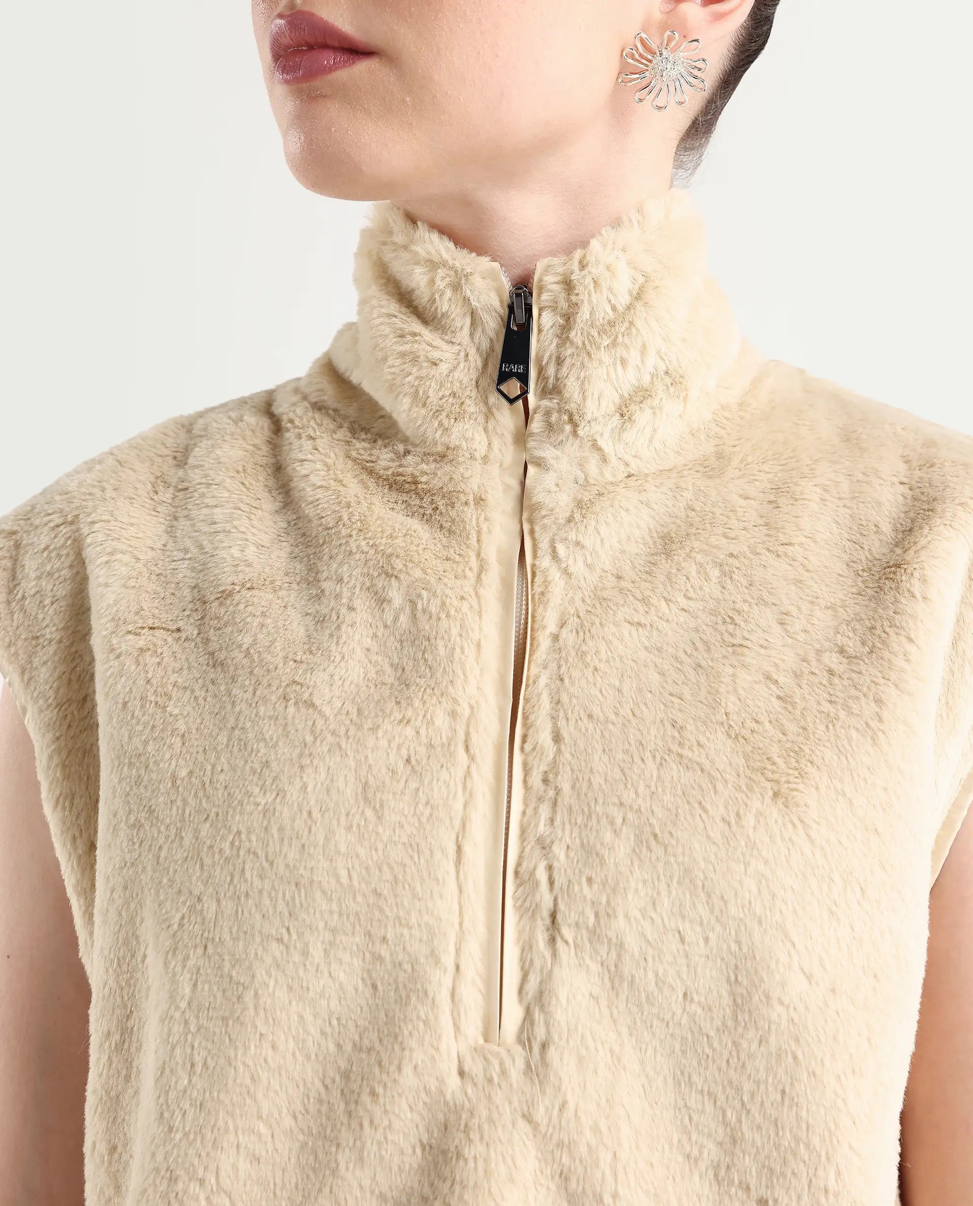 Rareism Women's Beauro Beige Polyester Drop Collar Plain Sleeveless Regular Fit Sweater