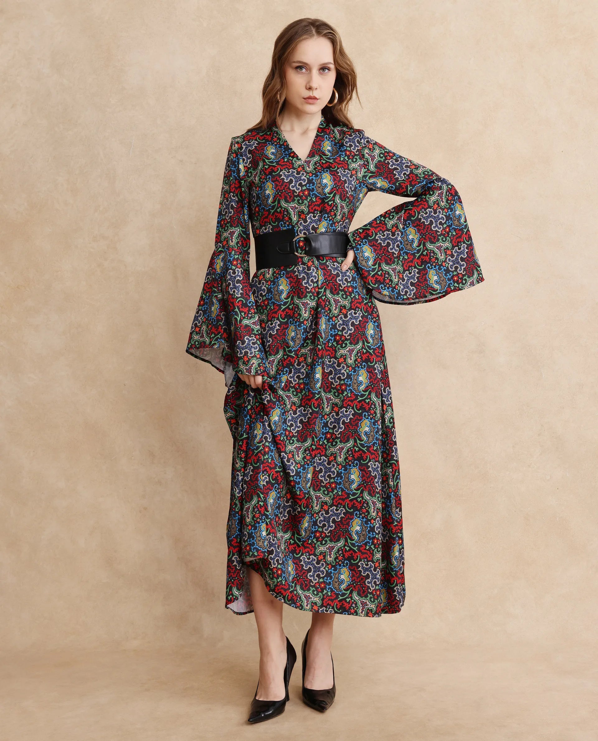 Rareism Women's Bedx Dark Multi V-Neck Zipper Closure Bell Sleeve Abstract Fit And Flare Maxi Dress