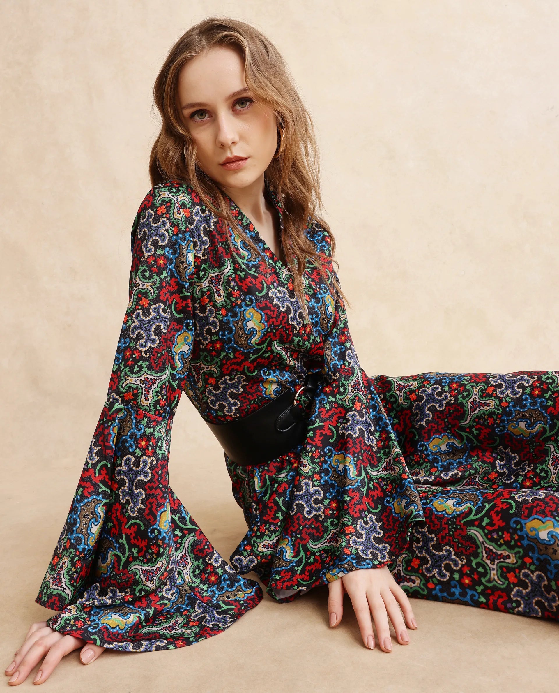 Rareism Women's Bedx Dark Multi Polyester Blend V-Neck Abstract Print Bell Sleeve Maxi Fit And Flare Dress