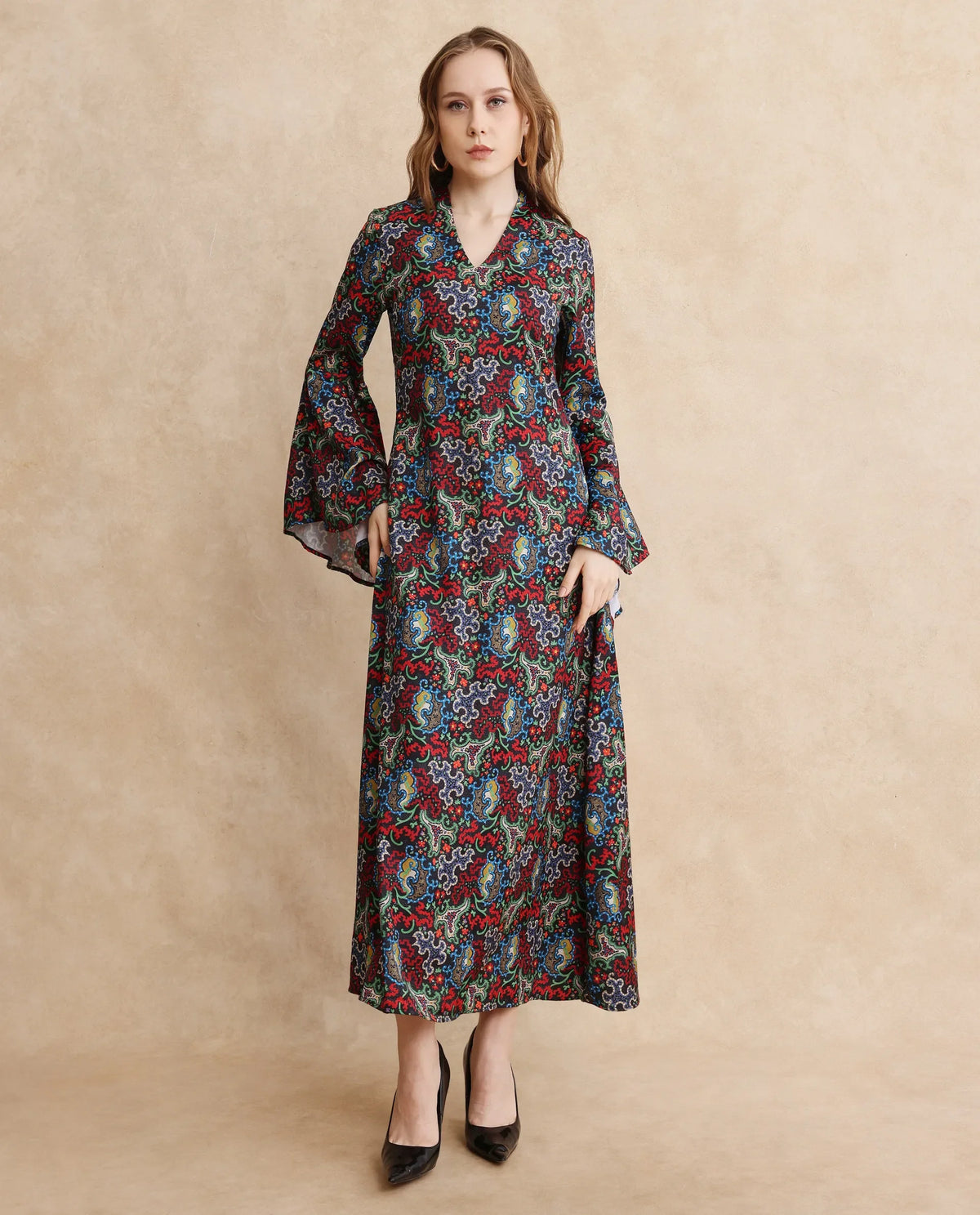 Rareism Women's Bedx Dark Multi V-Neck Zipper Closure Bell Sleeve Abstract Fit And Flare Maxi Dress